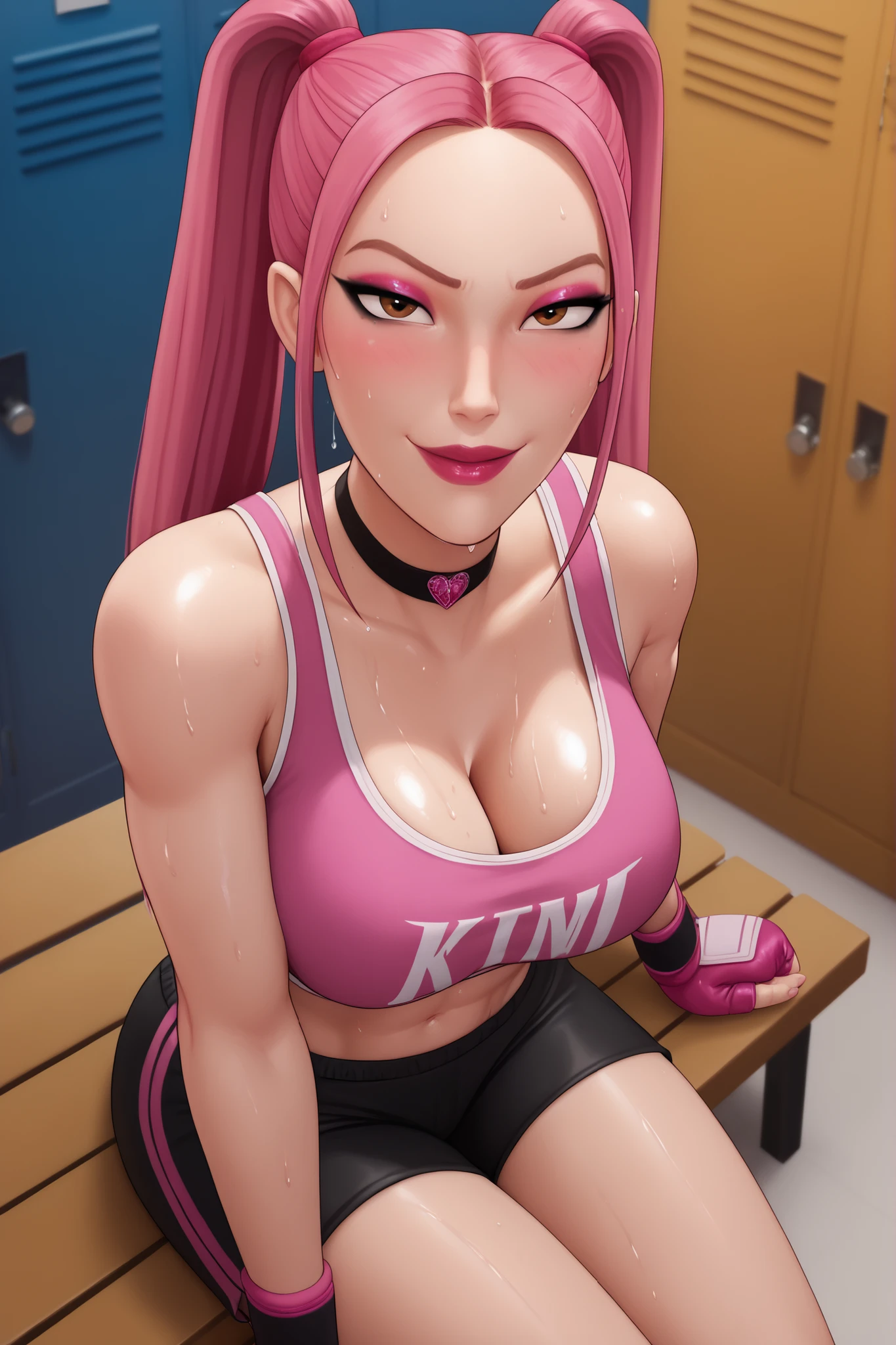 BREAK, score_6_up, score_7_up, score_8_up, score_9, 1girl, solo, kpdh_m1ra, long hair, dark pink hair, brown eyes, twintails, black choker, lipstick, makeup, official KPop Demon Hunters aesthetic, , busty, cleavage, curvy, athletic, looking at viewer, seducing viewer, teasing viewer,  expression, smiling, closed mouth, bedroom eyes, dark pink sports bra, dark pink boxing shorts, dark pink wrist wraps, midriff, indoors, locker room, sitting on bench, closeup, portrait, upper body, high-angle view, pink eyeshadow, black eyeliner, black mascara, sweaty, sweat drops, wet skin, shiny skin, blushing 