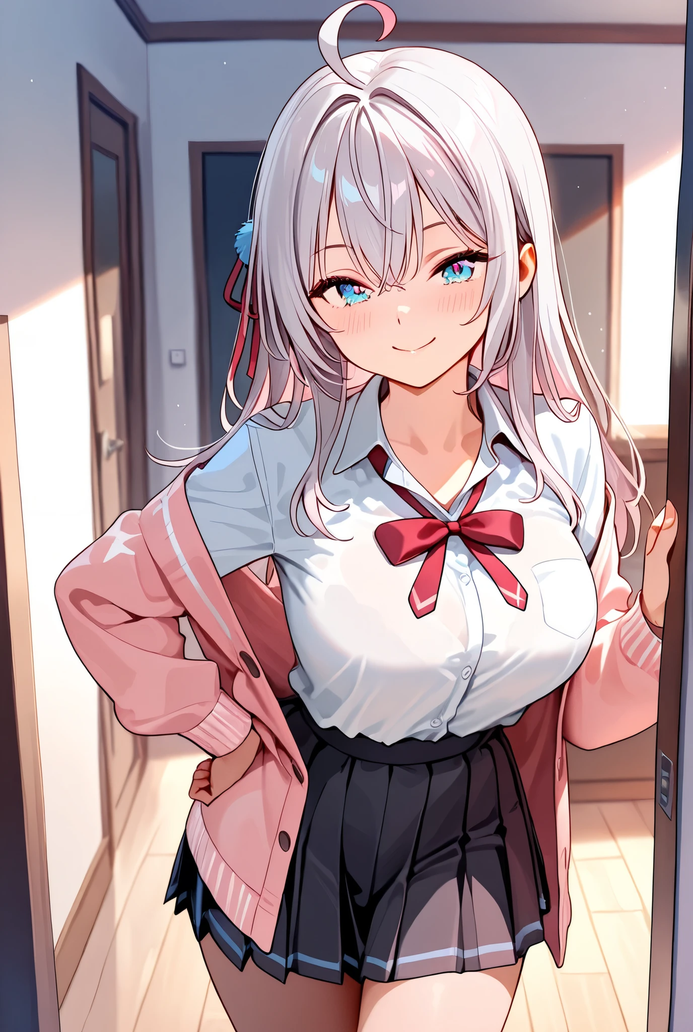 1girl, masterpiece, Highly detailed, High resolution, Alisa Mikhailovna Kujou, Alya Sometimes Hides Her Feelings in Russian, Dress shirt,Cardigan, indoors, Smile, Hand on own hip, Big breasts, Standing