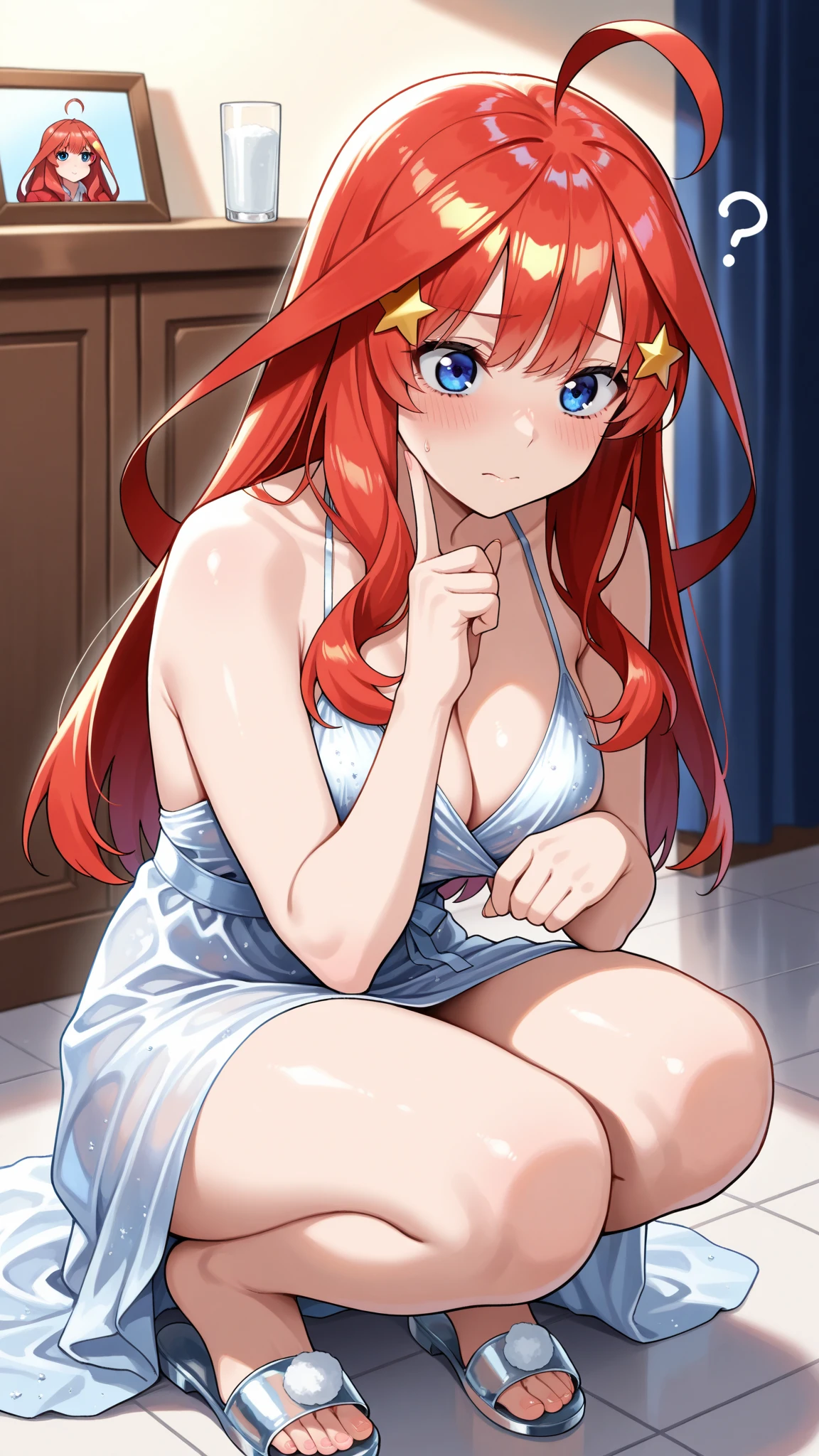 Anime background art, bottom of room, one bed, lying on a bed, beautiful anime scenes, 4K anime art wallpaper, 4k anime art wallpaper, Rosla global illumination, anime girl, 1 girl, 1 man, LORA similar, best quality, detailed, alone, looking at the viewer, mouth closed, smile, long hair, definition in the eye, perfect face, perfect face, perfect hair, red hair, star shaped hair accessory on both sides, blue eyes,  costume, big ????, ??????????, completely ?????, showing her ??????, perfect ??????, ?????????, open ??????, perfect ????, see ??????, ????? ??????, ?????, ????? inside ??????, ????? in ??????, being penetrated, scene ???, she from the front, ?????????? pose.




