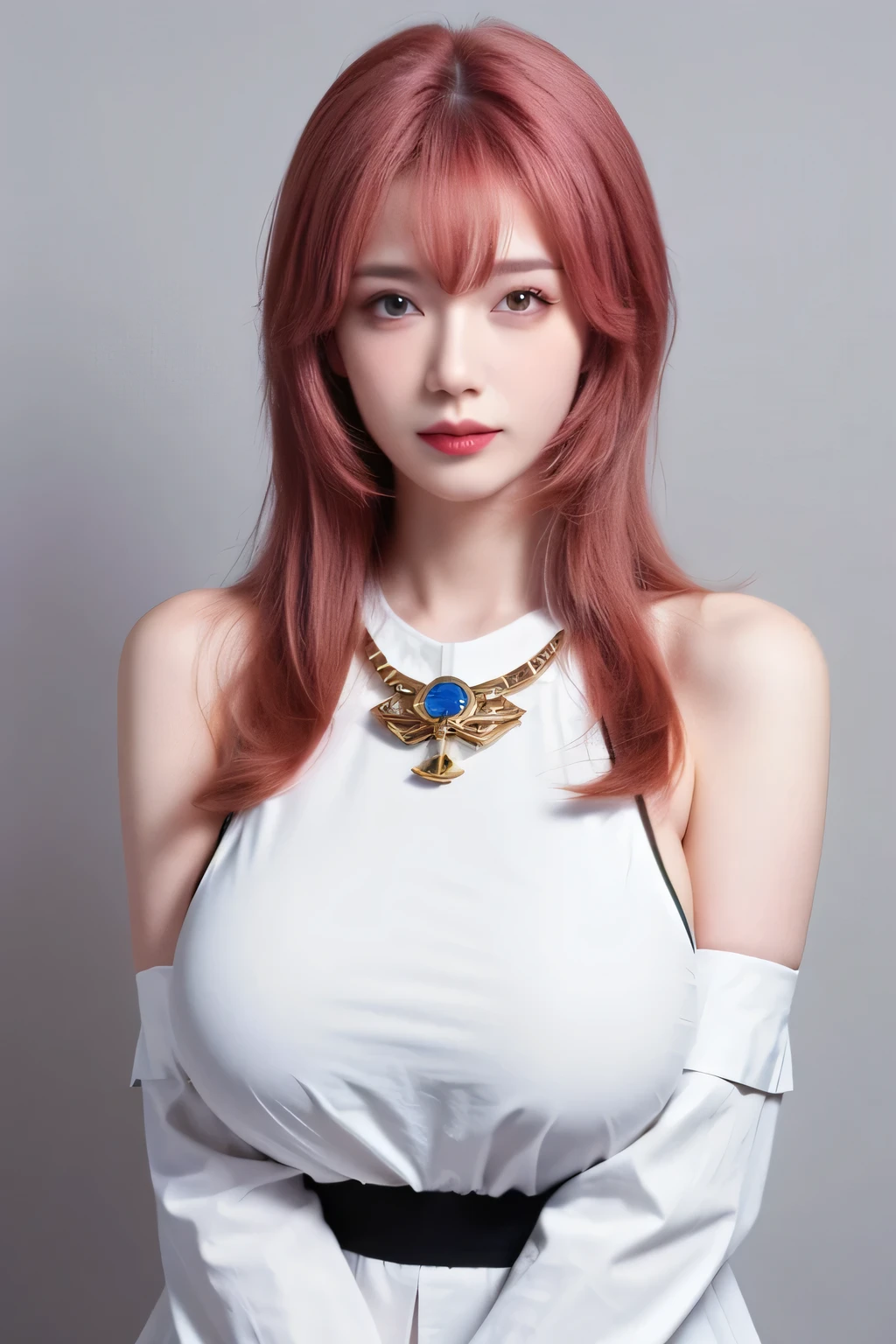 (masterpiece:1.3),best quality,high resolution,unity 8k wallpaper,(illustration:1),perfect lighting,photo_\(medium\),photorealistic,realistic,
finely detail,extremely detailed,soft lighting and shadow,soft yet striking lighting,film grain:1.2,
yae miko, 1girl, solo, pink hair, purple eyes, looking at viewer, long hair, realistic, animal ears, parted lips, detached sleeves, japanese clothes, upper body, fox ears, grey background, simple background, bangs, lips, bare shoulders, hand up, jewelry, wide sleeves, nontraditional miko, (huge breasts:1.6),tight, full body