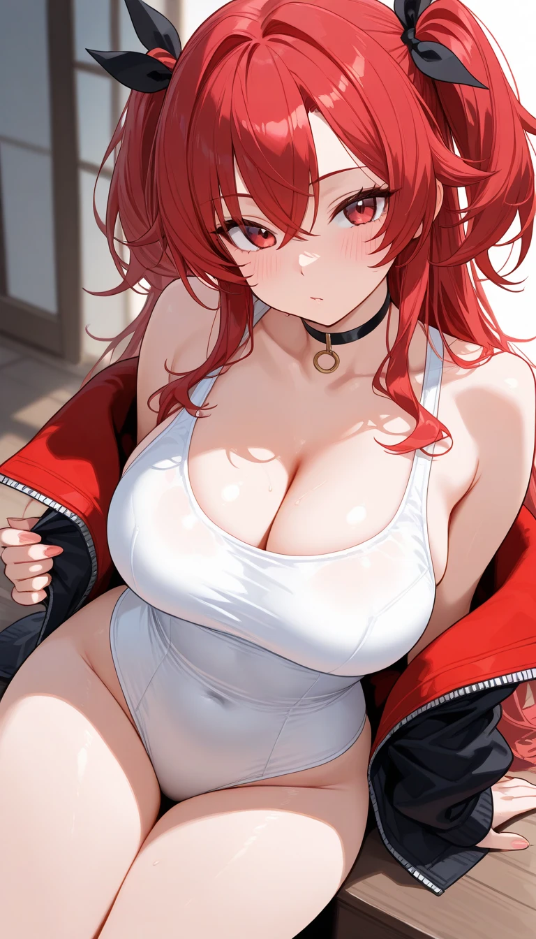 The best masterpiece、high resolution、Wolf Girl, , Voluminous, messy, light red hair, masterpiece , Red eyes, hd, Head to , Put in your 、 tooth、Double teeth,, On the bed、Thick thighs、Grinning、Knitted sports bra、Open your mouth、Hooded jacket、、Wearing a hood