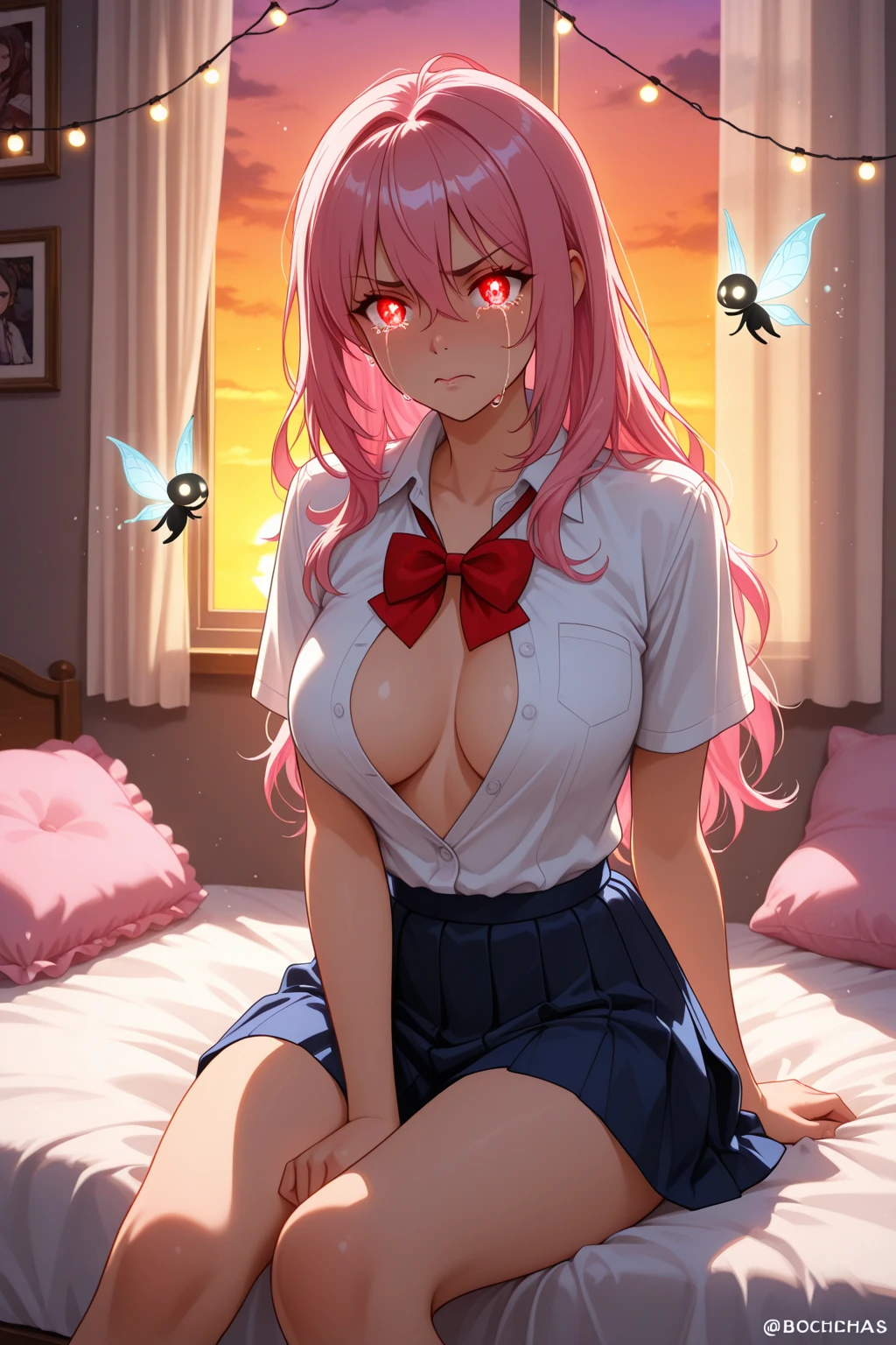 Fingers open   on bed Watery    expression Legs separated Hand pinches legs Rolling eyes Blushing squatting peeing  a little pubic hair Showing beautiful breasts, showing  rupture