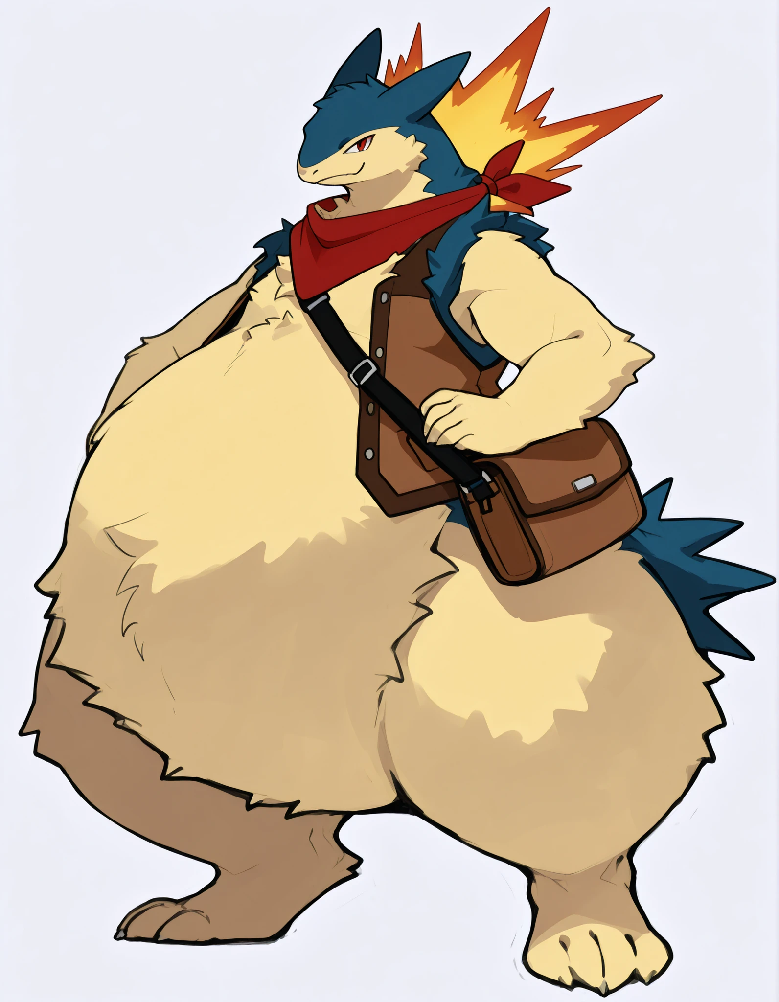 full body, furry typhlosion, wide bottom, heavy bottom, wided legs, long digitigrade leg, giant pearshape body, no nipple,detailed face,4k ultfigurelity, (4k half body view:1.0),(detailed face),ultra high detailed body,feral typhlosion,enormous body,(smaller head),(enomorous body),(gigantic body),tight belts,bags,(unbuttoned brown vest),belly overhang,cartoon style,(sketch style),side view,light color,macro,giga,in wield,red scarf,messenger bag,(character sketch)