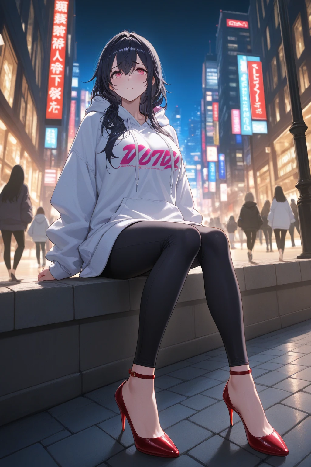 (masterpiece:1.37), best quality, (extremely detailed:1.37), office, window overlooking a bustling cityscape, woman, (mature:1.75), (adult:1.5), (very long hair:1.5), dark purple hair, purple eyes, (extremely detailed eyes:1.37), breasts, sunglasses, stylish hoodie, jeans, (wetting herself:2.0), standing straight, (desperation:2.0), full body day, daytime, glow, facing viewer, perfect composition, Perfect light and shadow, 8K