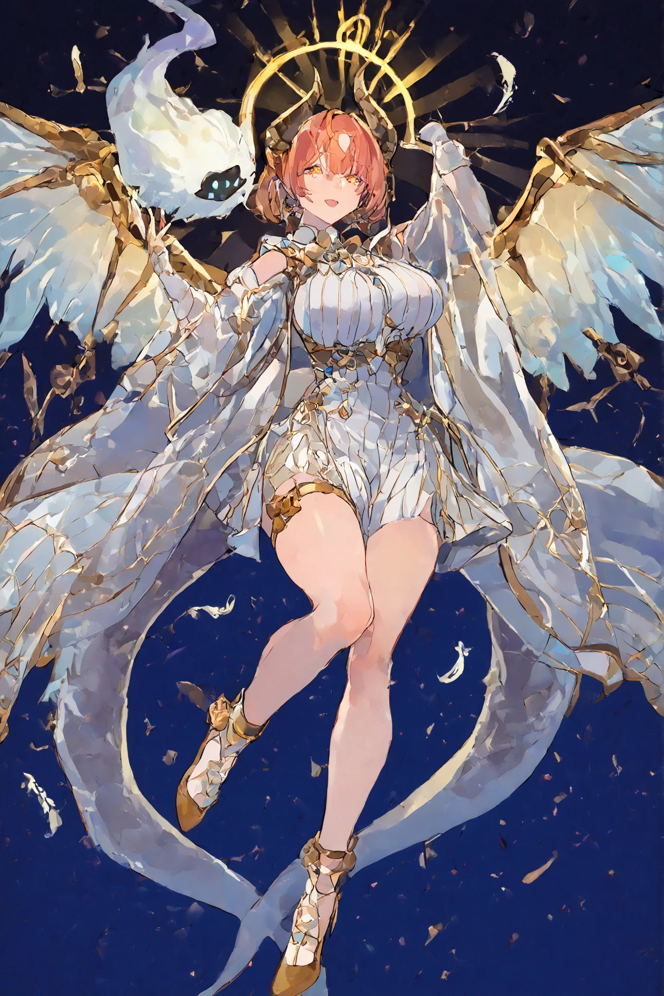 8k wallpaper、 top quality 、masterpiece, 748cm スThailandル 、A mythical and powerful hybrid creature with a female humanoid form, featuring majestic ram-like horns and shimmering white scales. Curvy body, mature women body, big breasts, long model legs, tiny waist. The creature has glowing golden eyes and an intricately designed armor adorned with gold accents, exuding a sense of strength and elegance. The background is dark and ethereal, enhancing the creature's otherworldly presence. Pair of wings on top of her head, The overall atmosphere should be mysterious and striking, capturing the essence of fantasy, levitating, long tail full of feathers, fins and wings on her tail, jewelry and pendants on her cetim see through coat, gold patterns on her dress, gold halo, wings all over the place, epic design, big gold anklet, golden thigh strap