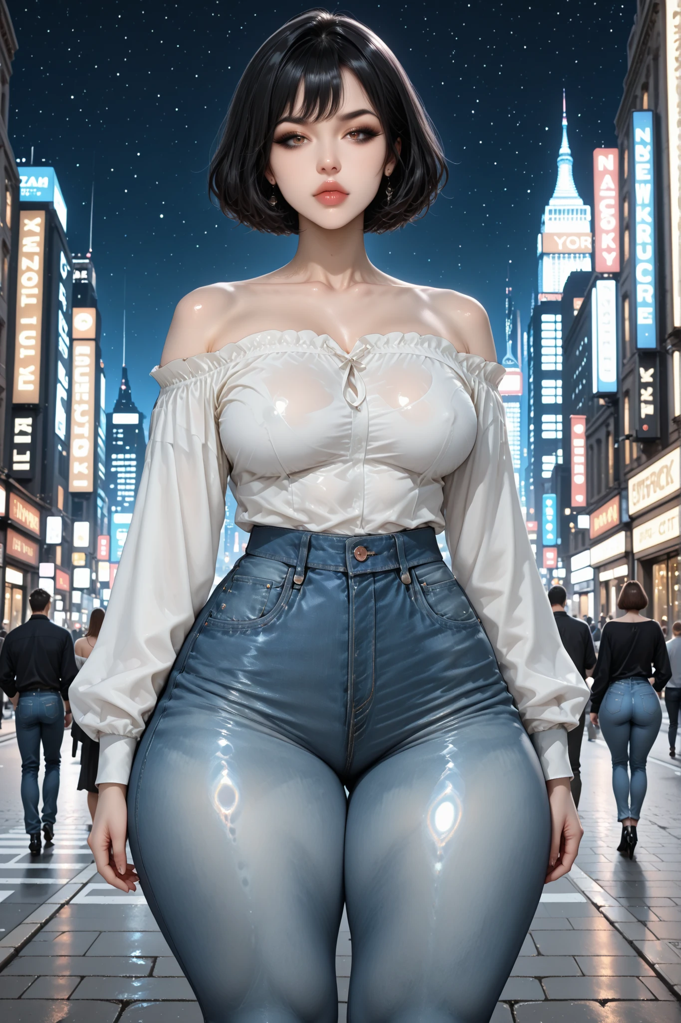 perfect body, black hair, short hair, black thin eyebrows, brown eyes, black eyelashes, black eyeliners, nose, thick lips, collarbone, medium breasts, (white off-shoulder long sleeve shirt), (blue denim jeans, short jeans), (thick thighs:1.3), (standing), ((night sky, new york city, street)), looking at viewer, (shiny skin)