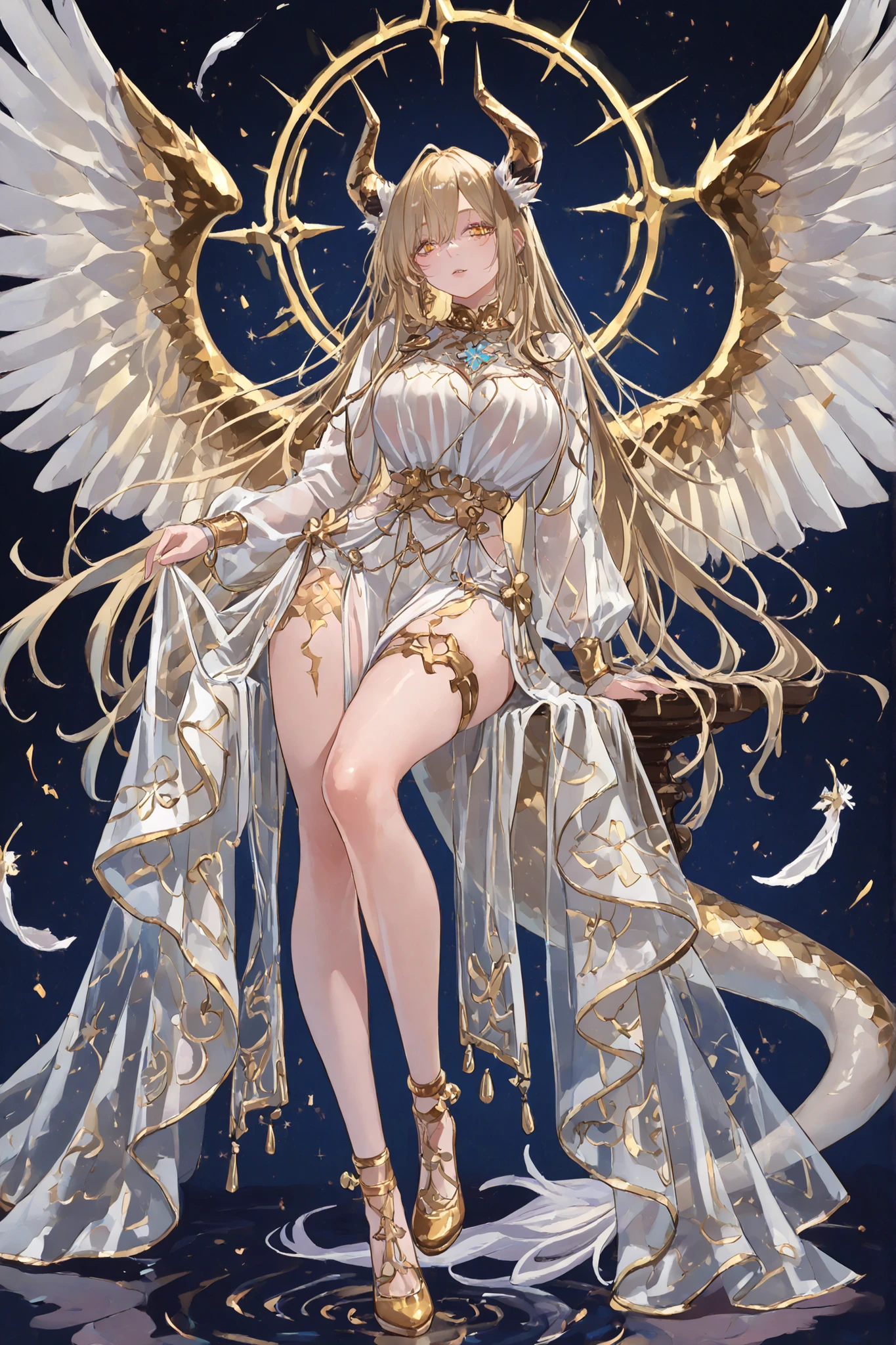 8k wallpaper、 top quality 、masterpiece, 748cm スThailandル 、A mythical and powerful hybrid creature with a female humanoid form, featuring majestic ram-like horns and shimmering white scales. Curvy body, mature women body, big breasts, long model legs, tiny waist. The creature has glowing golden eyes and an intricately designed armor adorned with gold accents, exuding a sense of strength and elegance. The background is dark and ethereal, enhancing the creature's otherworldly presence. Pair of wings on top of her head, The overall atmosphere should be mysterious and striking, capturing the essence of fantasy, levitating, long tail full of feathers, fins and wings on her tail, jewelry and pendants on her cetim see through coat, gold patterns on her dress, gold halo, wings all over the place, epic design, big gold anklet, golden thigh strap