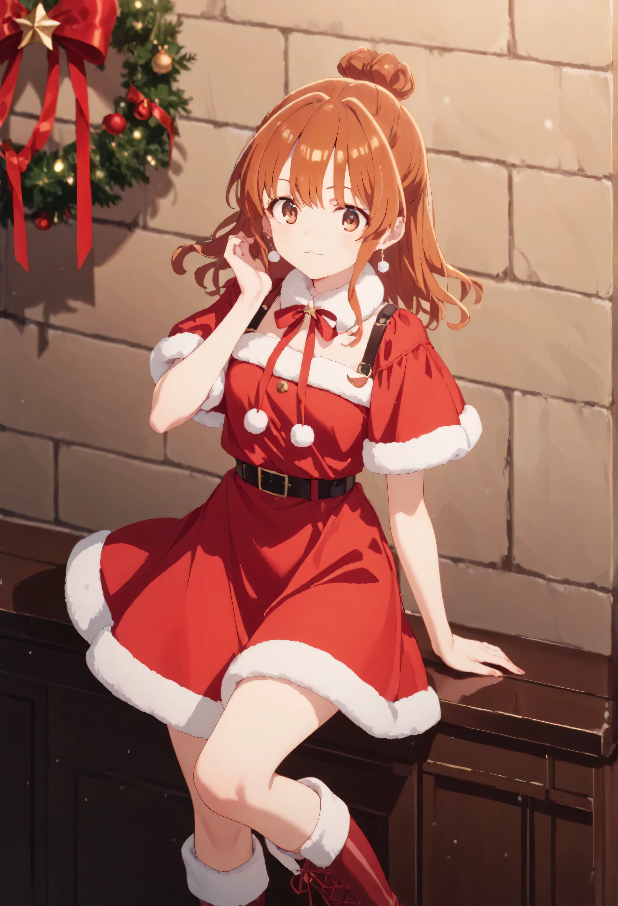 Christmas, 1girl, solo, red santa dress, santa hat,dress, looking at viewer, jewelry, red ribbon, bangs, earrings, boots, moeko sekine, long hair, brown hair, brown eyes, hair bun, single hair bun, sidelocks,