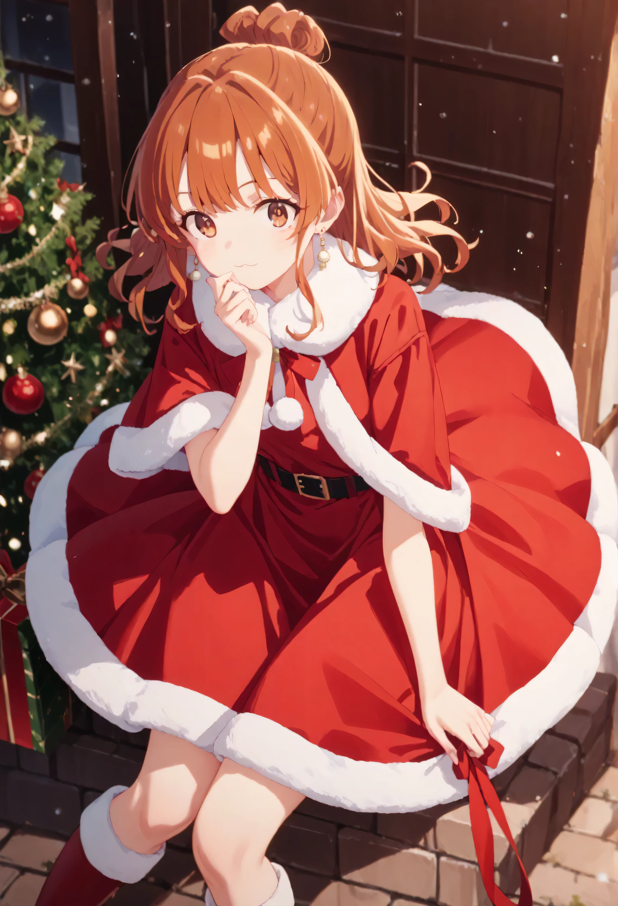 Christmas, 1girl, solo, red santa dress, santa hat,dress, looking at viewer, jewelry, red ribbon, bangs, earrings, boots, moeko sekine, long hair, brown hair, brown eyes, hair bun, single hair bun, sidelocks,