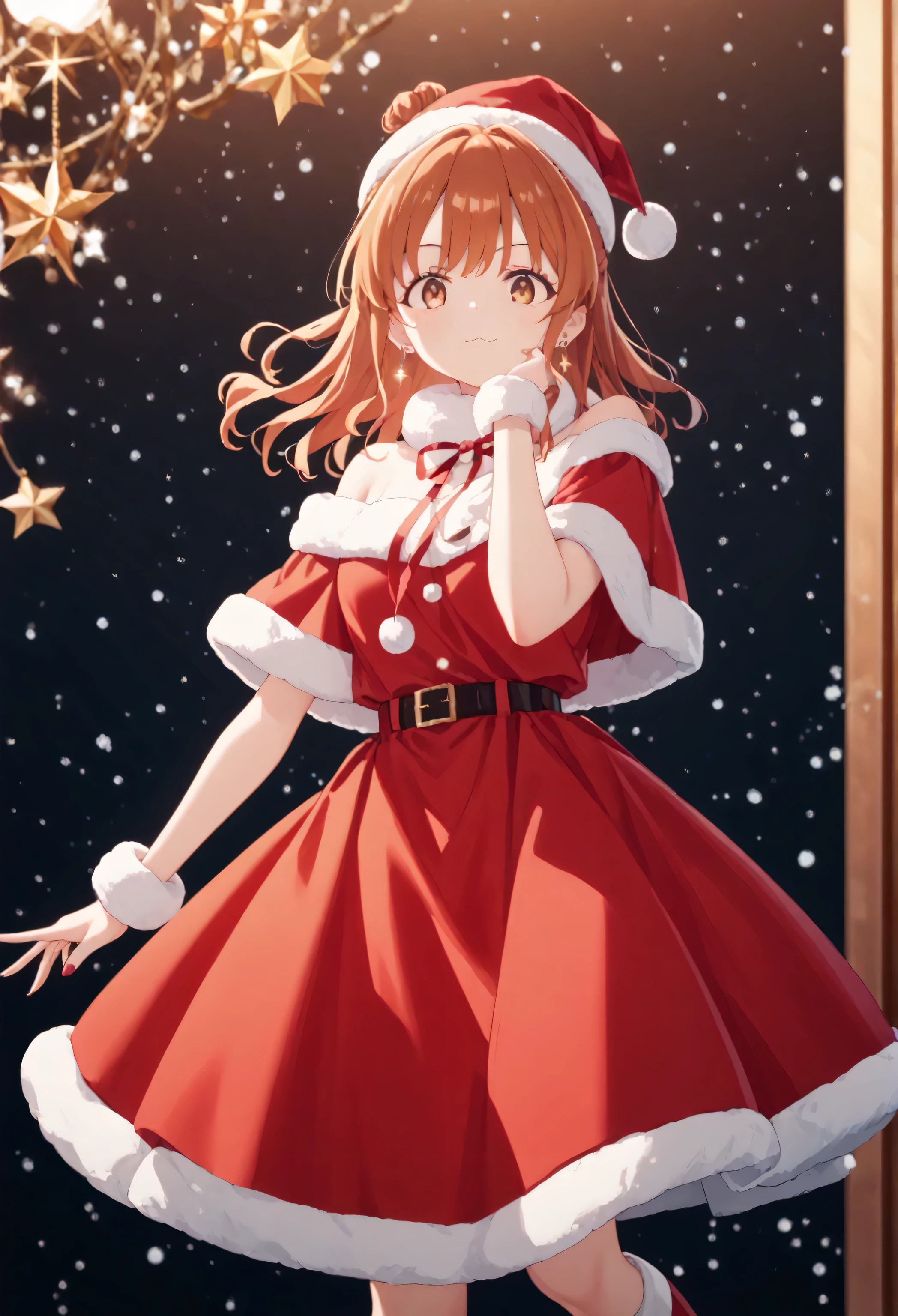 Christmas, 1girl, solo, red santa dress, santa hat,dress, looking at viewer, jewelry, red ribbon, bangs, earrings, boots, moeko sekine, long hair, brown hair, brown eyes, hair bun, single hair bun, sidelocks,