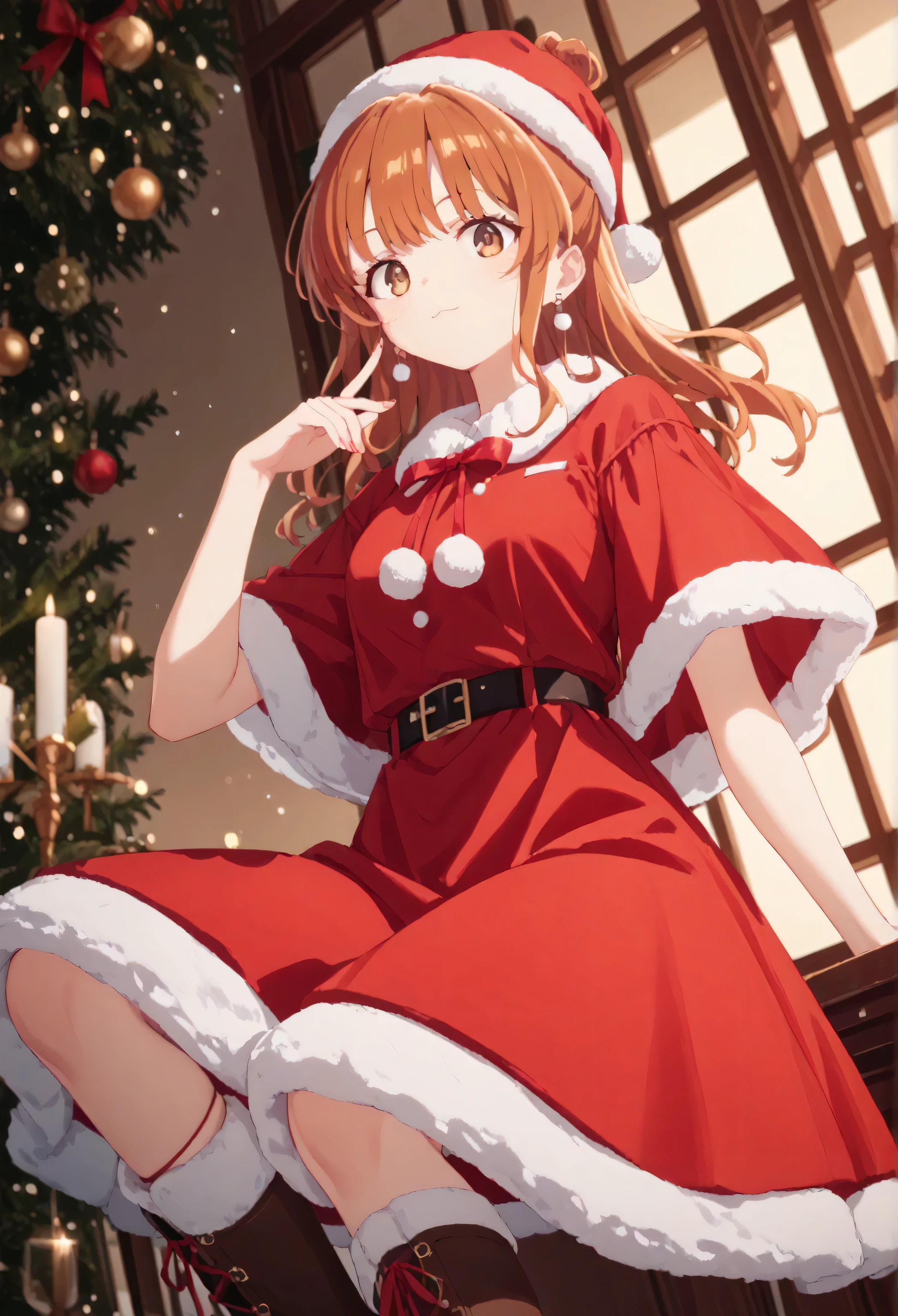 Christmas, 1girl, solo, red santa dress, santa hat,dress, looking at viewer, jewelry, red ribbon, bangs, earrings, boots, moeko sekine, long hair, brown hair, brown eyes, hair bun, single hair bun, sidelocks,