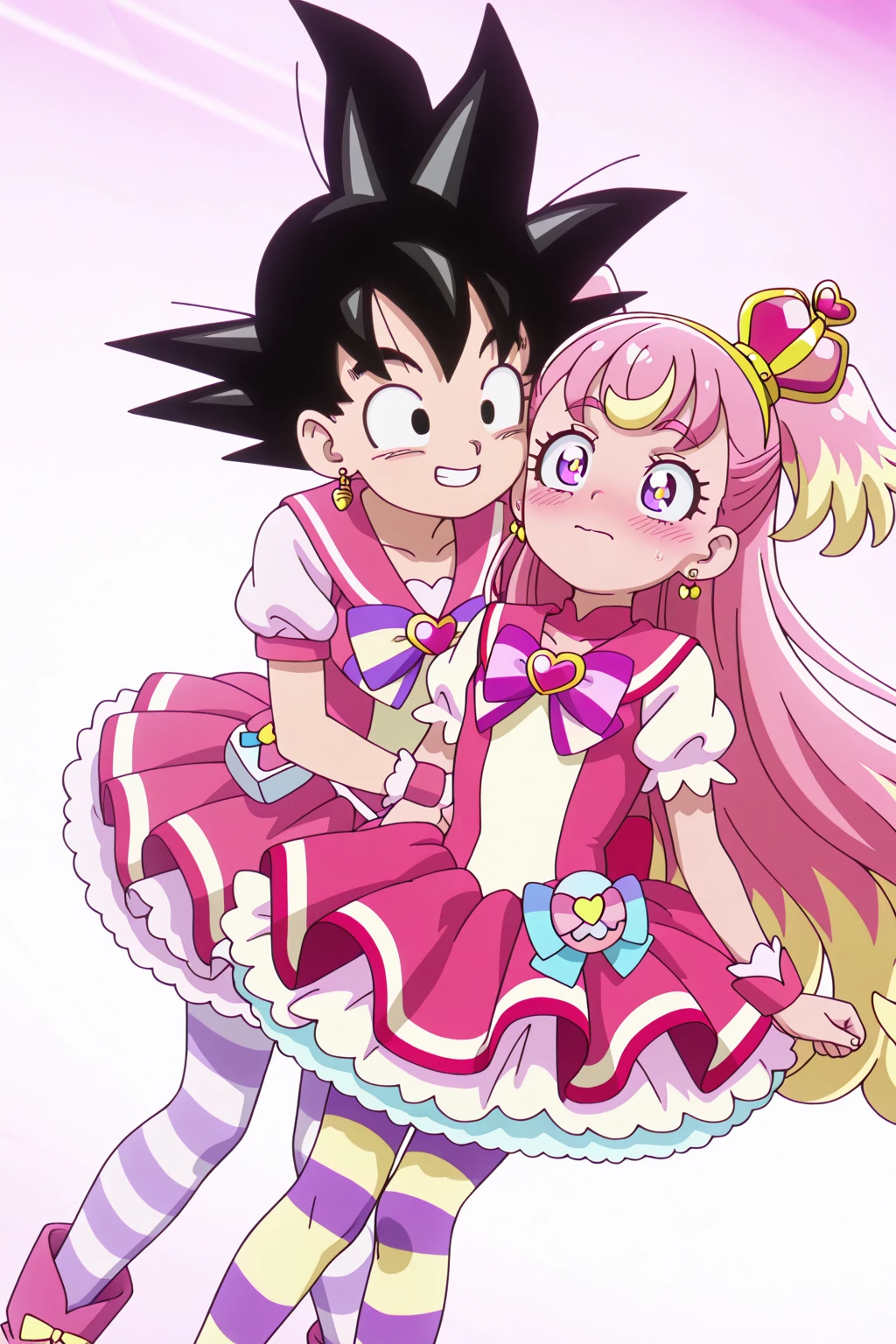 masterpiece, High Quality, amazingly elaborate, beautiful detailed face, official art, ultra high resolution, 8k, 
2 girls, multiple girls, goku, Cure Melody, , blush, embarrassed, open eyes, open your mouth, drool,  covering  ,  in panties, female , shivers at , standing, side by side, Outdoors, Daytime,Goku black hair