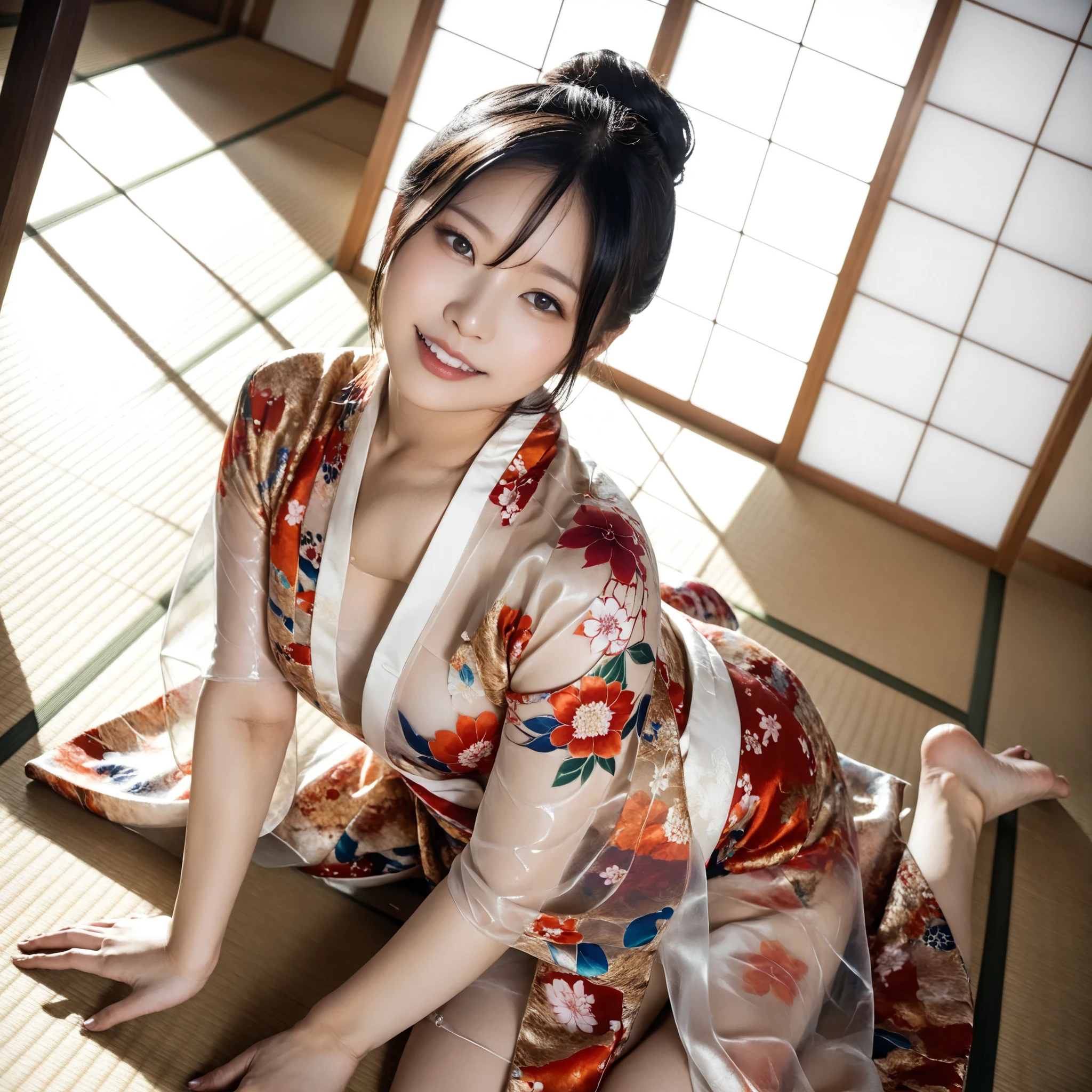 最High Quality 、High Quality 、 最High Definition、High Definition、8K quality、high image quality 、最High Quality、 masterpiece 、immersive video、 very realistic images of the floor at night 、Realistic Paintings、 perfect details 、 from out of view High contrast 、High Fidelity、 perfect pictures without blur、close to reality、 image faithfully reproduced down to the smallest detail、 EXQUISITE AND REALISTIC WEAPONS 、 Exquisite and realistic human skin 、 Realistic face in every detail、 Realistic eyes with attention to detail 、 realistic lips drawn with minimal detail 、 detailed and real teeth、Real Ears、 Realistic Hair 、((Japanese Model))、((gravure idol))、((Young face))、((black hair))、((medium rounded breasts))、((stylish body ))、(((Sweaty skin all over )))、((Wear a floral kimono made of transparent vinyl,Clear vinyl fits your skin perfectly))、((Wear a floral kimono made of transparent nylon,Clear nylon adheres perfectly to the skin))、((See your skin through a clear vinyl kimono))、((See your skin through a clear nylon kimono))、((Traditional Japanese room))、(((Sexy side seat on tatami mat in a Japanese-style room )))、(((Full Body Footage from Head to Toe,)))、(((look at her from an angle above)))