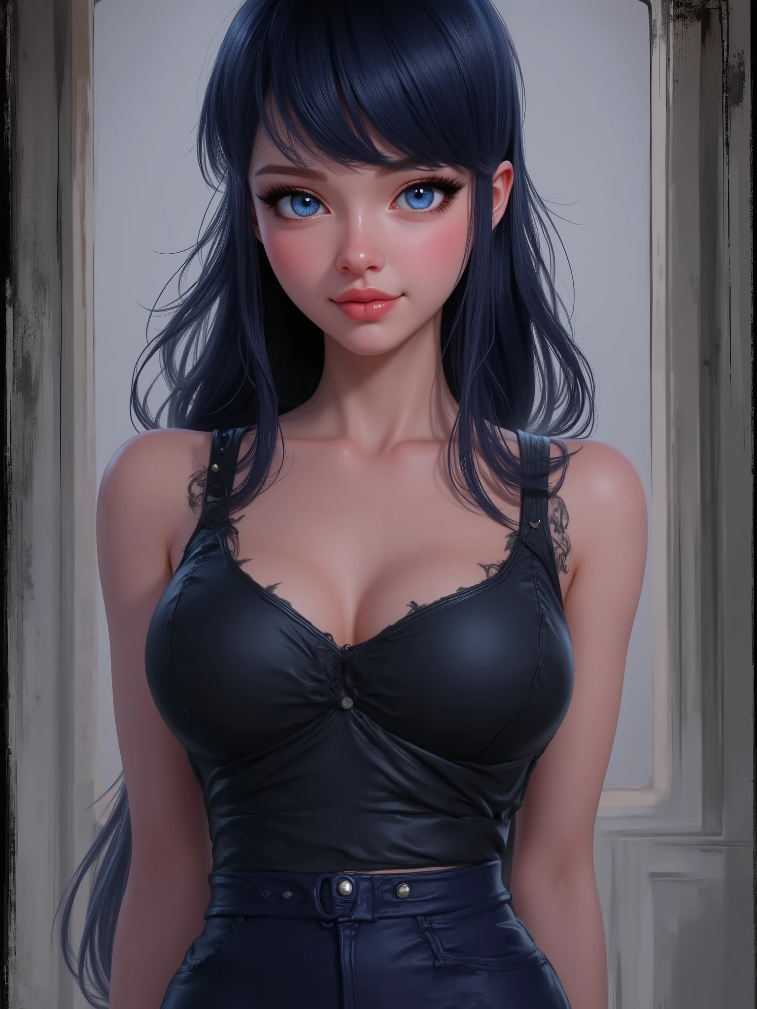 marinette Dopanchan, Inkpunk Anime, A very beautiful and cute 22 year old woman. Sharp focus on the face, slight smile, long hair, deep gaze, blue eyes, western eyes, detailed blue eyes, beautiful eyes, delicately detailed thin pink lips, perfect body, round breasts, well-formed thighs, perfect proportions, voluptuous body, perfect thighs, perfect anatomy, anatomical correct. Jet-black medieval fitted sleeveless tank top, dark_blue warrior style tight leather pants. Cowboy shot, RAW, standing, full body view, looking at the viewer, dynamic pose, graceful pose, view frontal. Bright lighting, vibrant colors, colorful, sharp foreground, clear image, sharp focus, soft depth of field, blurry background, bokeh background. Masterpiece, best quality, high resolution, top quality, high quality, UHD, 16k quality, no blur, film grain. The background is dark_gray and painted with expressive, visible textures using dynamic brushstrokes and strokes that add depth and movement. The paint covers only the area just behind the subject. The outer edges of the image with jet-black margins, as if the background had been painted with a brush and with expressive and visible textures using dynamic brushstrokes and strokes fading toward the edges creating a modern and artistic vignette effect.