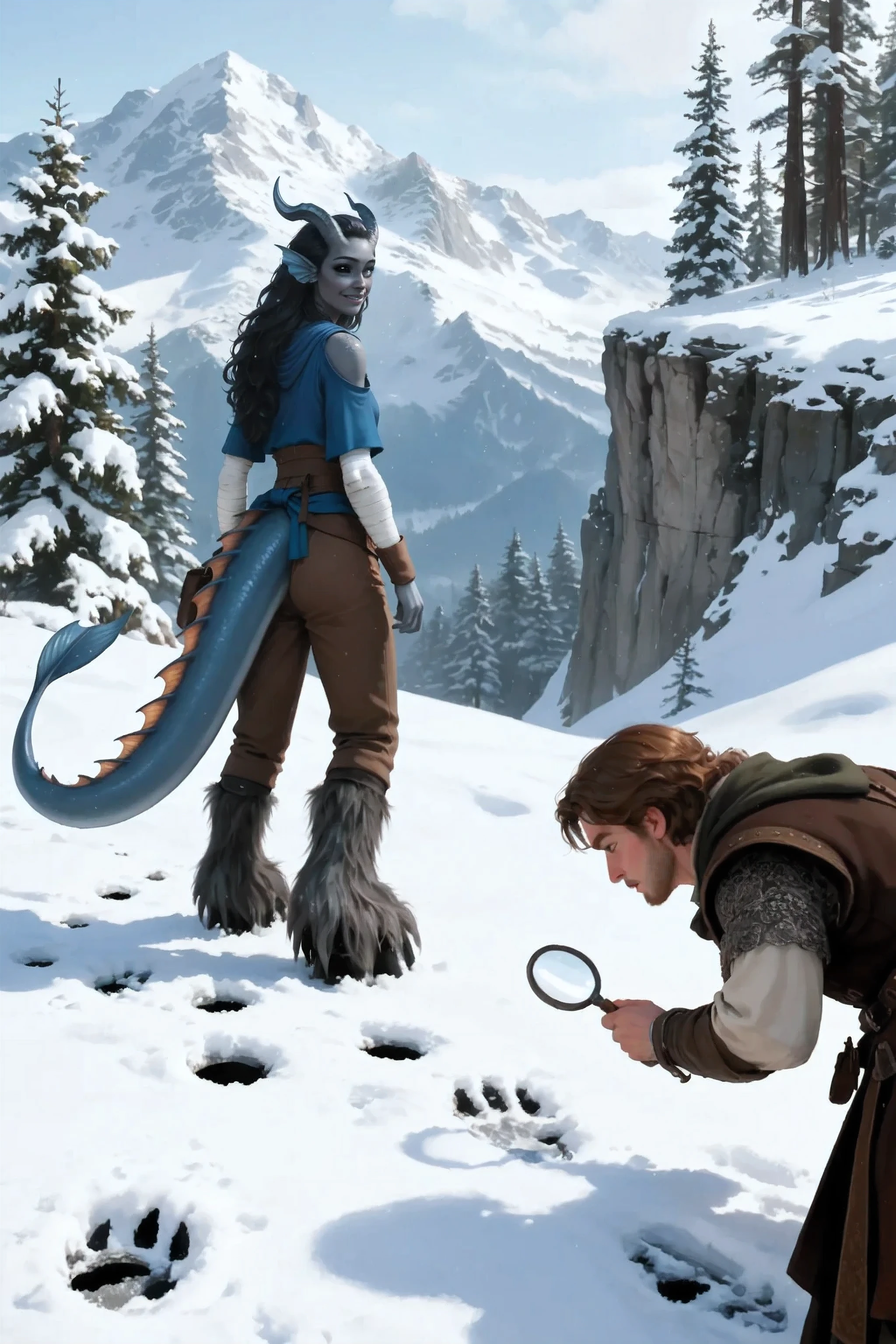 Snow-capped mountains and snow-capped cedars. Kedra, dark blue-gray skin , ( blue-gray horns :1.4), (pigmentation of the shoulder:1.2), fins on her head, dark blue-gray horns, Loose black hair, bright blue eyes , hand bandages, ( Best hands ). (5 dark blue-gray fingers), Snow-covered cedars, textured snow. With your back to us, the view from the back you can see the woman turns back a little surprised. instead of a woman's feet wearing big goat hooves. the woman is left with clear prints of twisted goat hooves in the snow. On the edge of the frame on the right, large in the foreground is leaning over looking through a magnifying glass at footprints in the snow 1 In the foreground on the right, you can see the back in the hat of another detective in medieval clothes. Snow-covered cedars и заснеженные горы и обрыв.
masterpiece, insemination best quality, ultra-detailed, Cinematic emotional static frame, 8K UHD, extremely detailed, physical visualization, HDR.