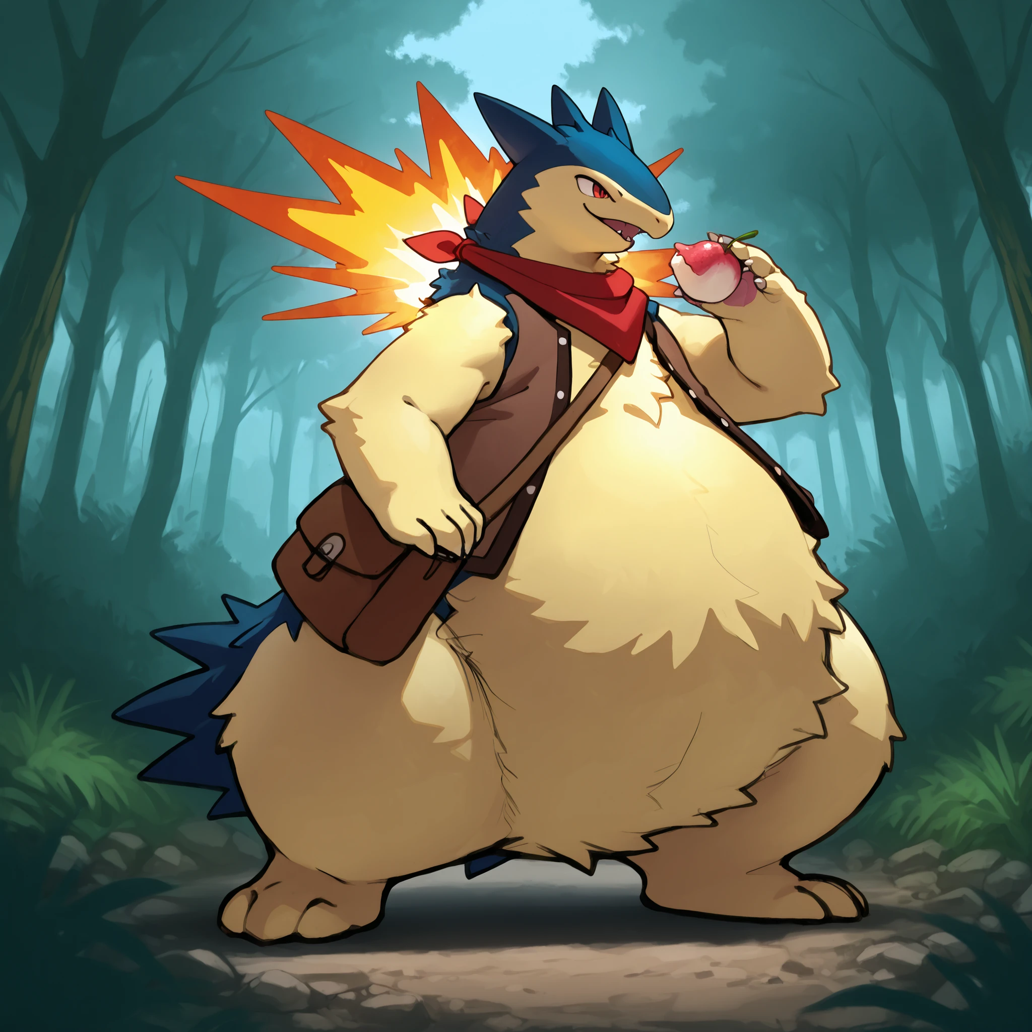 full body, furry typhlosion, wide bottom, heavy bottom, wided legs, long digitigrade leg, giant pearshape body, no nipple,detailed face,4k ultfigurelity, (4k half body view:1.0),(detailed face),ultra high detailed body,feral typhlosion,enormous body,(smaller head),(enomorous body),(gigantic body),belts,bags,(unbuttoned brown vest),belly overhang,cartoon style,(sketch style),side view,light color,macro,giga,in forest,red scarf,messenger bag,holding fruits,bag full of fruits