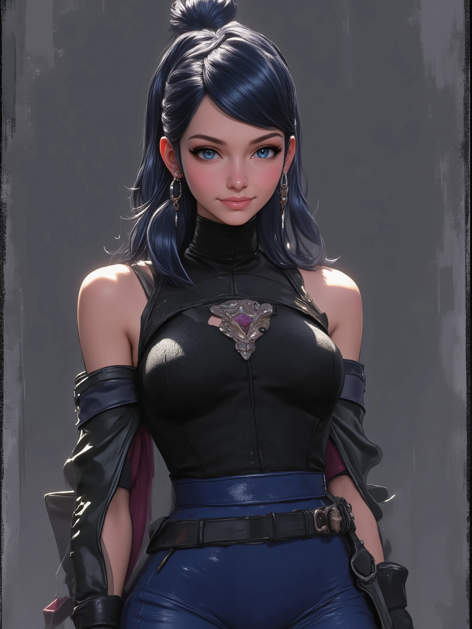 realistic cartoon, marinette Dopanchan, Inkpunk Anime, A very beautiful and cute 22 year old woman. Sharp focus on the face, slight smile, long hair, deep gaze, blue eyes, western eyes, detailed blue eyes, beautiful eyes, delicately detailed thin pink lips, perfect body, round breasts, well-formed thighs, perfect proportions, voluptuous body, perfect thighs, perfect anatomy, anatomical correct. Jet-black medieval fitted sleeveless tank top, dark_blue warrior style tight leather pants. Cowboy shot, RAW, standing, full body view, looking at the viewer, dynamic pose, graceful pose, view frontal. Bright lighting, vibrant colors, colorful, sharp foreground, clear image, sharp focus, soft depth of field, blurry background, bokeh background. Masterpiece, best quality, high resolution, top quality, high quality, UHD, 16k quality, no blur, film grain. The background is dark_gray and painted with expressive, visible textures using dynamic brushstrokes and strokes that add depth and movement. The paint covers only the area just behind the subject. The outer edges of the image with jet-black margins, as if the background had been painted with a brush and with expressive and visible textures using dynamic brushstrokes and strokes fading toward the edges creating a modern and artistic vignette effect.