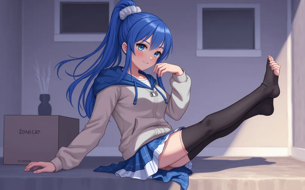 (Masterpiece, Best Quality 1.2),a girl ,euladef, solo, blue hair, blue tie, purple eyes, reflection, looking at the audience, Facing the audience,beautiful, Over-the-knee boots，boots, high heels, beautiful (detailed eyes, detailed face 1.3), sitting on chair, chair, , M word leg open, , , hands on the , lewdness, ( water: 1.8), ( water under the : 1.8)，saliva trail，(sexual secretion:1.3),(1.1)
