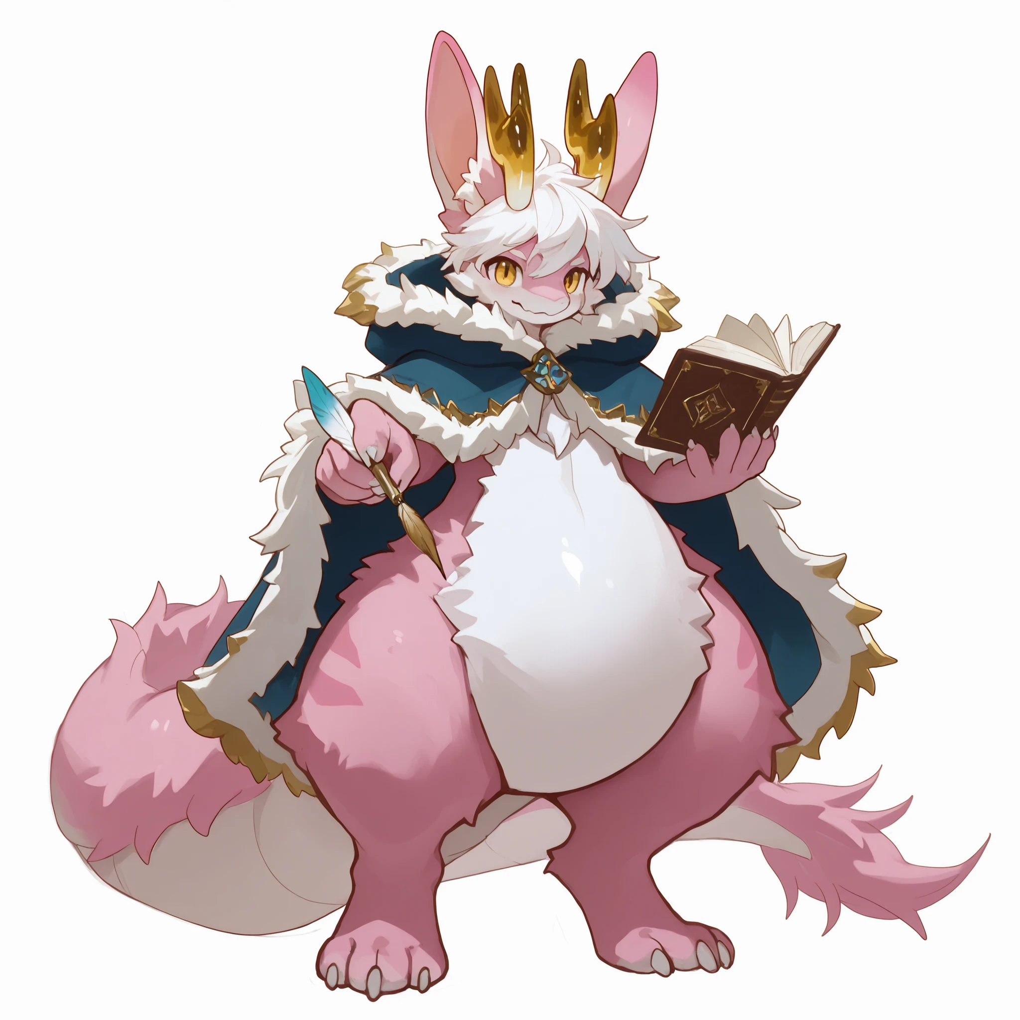 full body, furry, dragon, wide bottom, heavy bottom, wided legs, long digitigrade leg, giant pearshape body, no nipple,detailed face, pink fur,4k ultfigurelity, (4k half body view:1.0),ultra high detailed body,feral dragon,(cute face:1.3),pink fur,golden eyes,white belly fur,white hair,long hair,enormous body,side front view,(long ears),(big ears),(big horns),(dropping ears),long tail,thick tail,big tail,(fluff cloak),(smaller head),(enomorous body),hyper tail,white flower,sketch art,holding a book and a feather pen,gigantic body