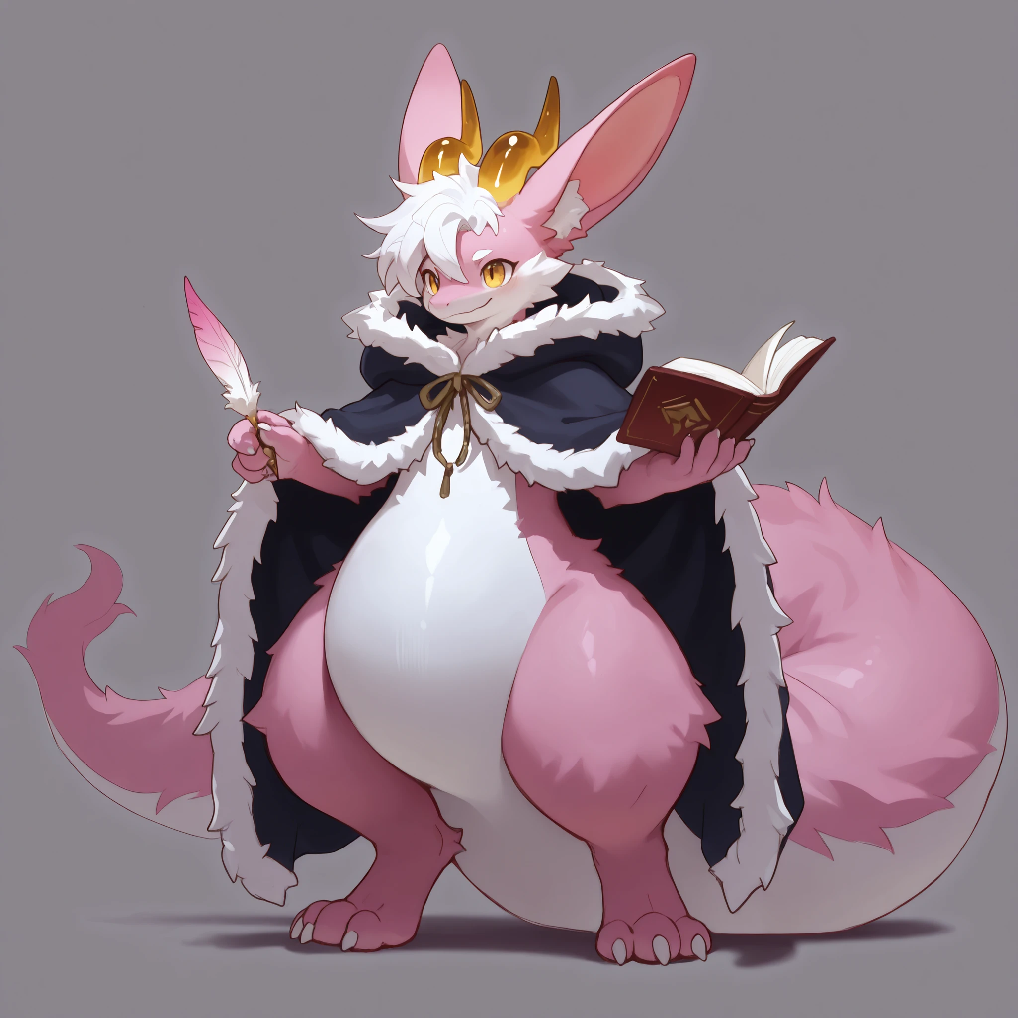 full body, furry, dragon, wide bottom, heavy bottom, wided legs, long digitigrade leg, giant pearshape body, no nipple,detailed face, pink fur,4k ultfigurelity, (4k half body view:1.0),ultra high detailed body,feral dragon,(cute face:1.3),pink fur,golden eyes,white belly fur,white hair,long hair,enormous body,side front view,(long ears),(big ears),(big horns),(dropping ears),long tail,thick tail,big tail,(fluff cloak),(smaller head),(enomorous body),hyper tail,white flower,sketch art,holding a book and a feather pen