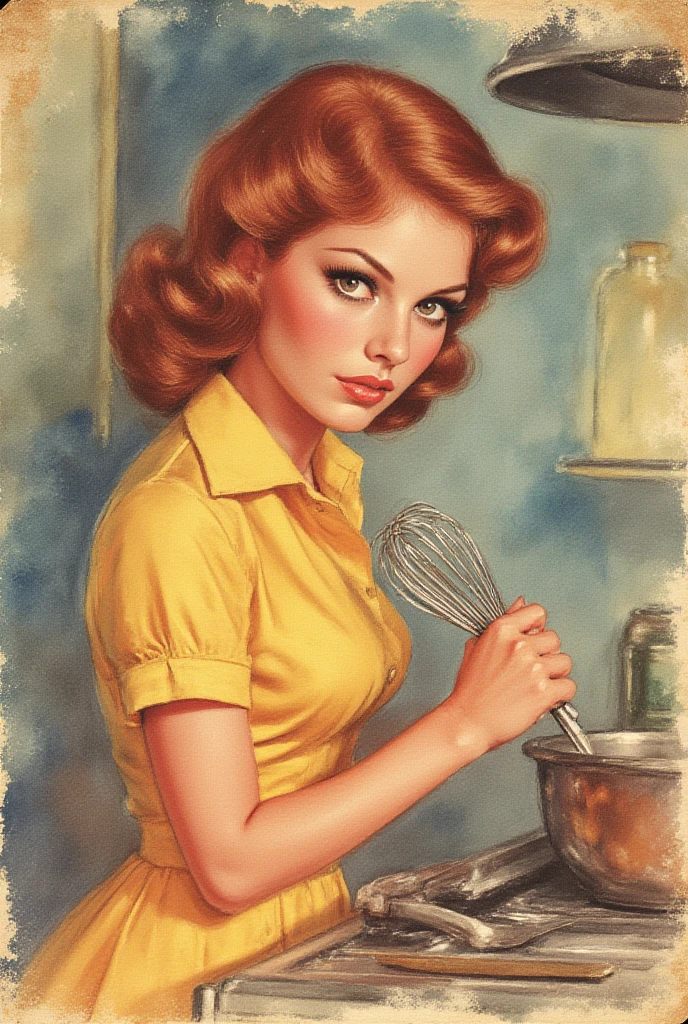 a woman in a kitchen with a bowl of food and a plate of vegetables, ( art fitzpatrick ), comic pinup style, robert crumb photorealism, terry moore, by Mark Brooks, cooking, by Jason Edmiston, pinup art, 1950s illustration style, inspired by Robert Crumb, robert crumb style, by Art Fitzpatrick, Don Lawrence retro comic art style