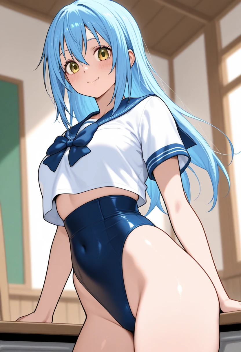 1girl, solo, long hair, blush, open mouth, ribbon,  shoulders, twintails, brown eyes, , blue hair, swimsuit, hair ribbon, yellow eyes, sweat, small , one eye closed, indoors, blurry, covered , one-piece swimsuit,  arms, covered navel, blurry background, , looking down, from below, school swimsuit, blue ribbon, , female , blue one-piece swimsuit, competition school swimsuit,  rub,  through clothes