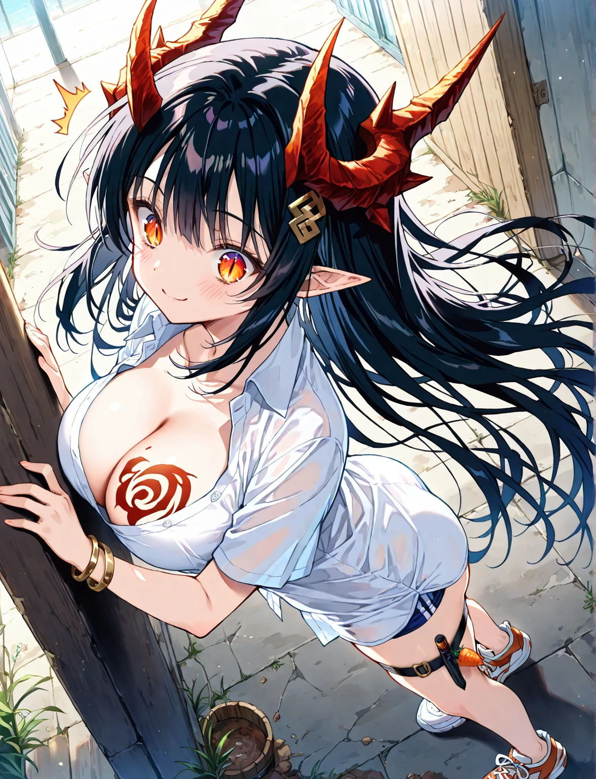 tmasterpiece，Cthulhu style，The beautiful girl stepped on the bones under her feet，Showing a crazy look，Evil laughter，Red gradient to black hair color，The chest cavity is shattered to reveal the heart，Pure white eyes，Pure white pupils，Wrapped around tentacles and eyes，fearsome，Weird，Black and white room，The walls were broken，Tentacles into the，Chaotic，Out of order，8k