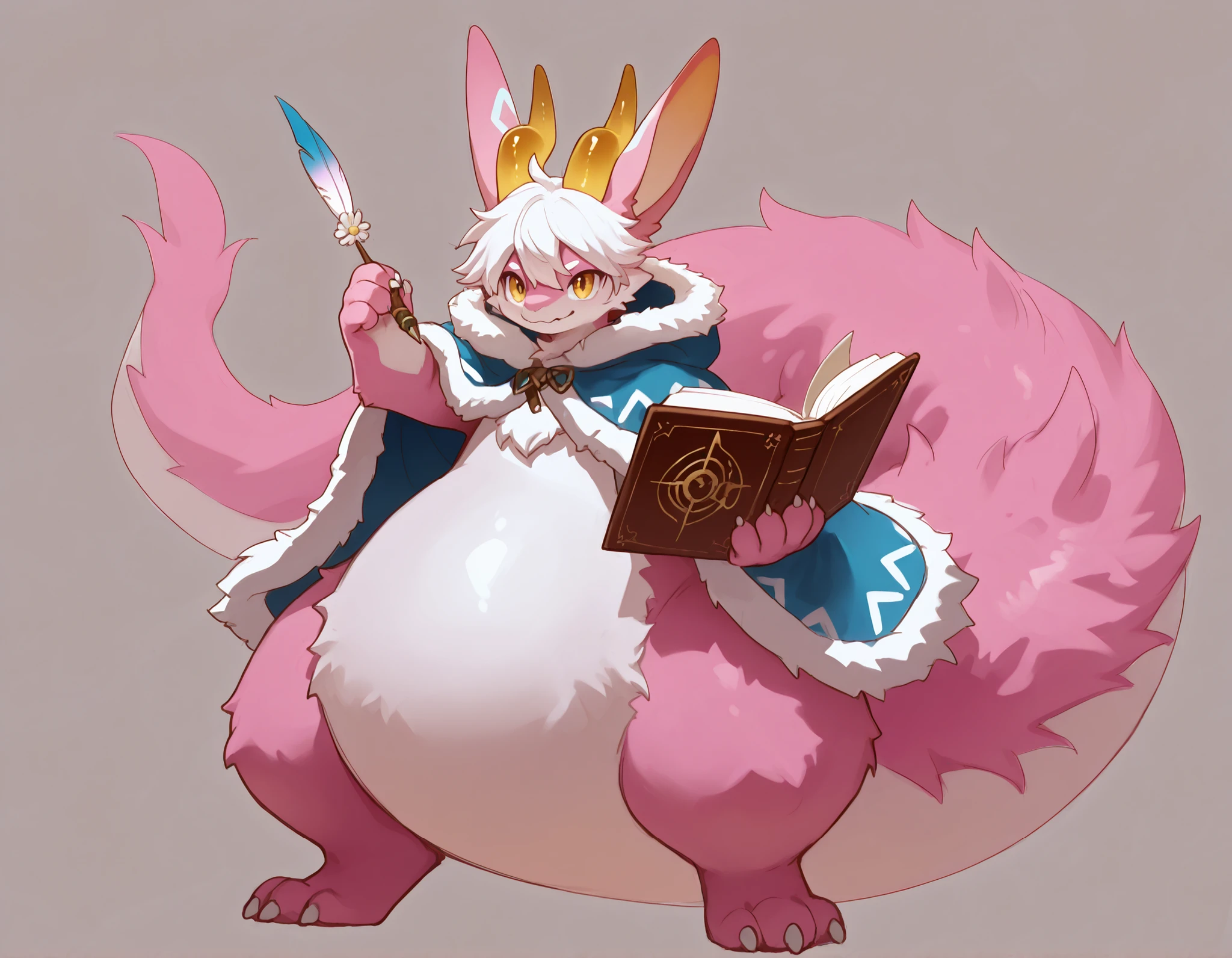 full body, furry, dragon, wide bottom, heavy bottom, wided legs, long digitigrade leg, giant pearshape body, no nipple,detailed face, pink fur,4k ultfigurelity, (4k half body view:1.0),ultra high detailed body,feral dragon,(cute face:1.3),pink fur,golden eyes,white belly fur,white hair,long hair,enormous body,side front view,(long ears),(big ears),(big horns),(dropping ears),long tail,thick tail,big tail,(fluff cloak),(smaller head),(enomorous body),hyper tail,white flower,sketch art,holding a book and a feather pen,gigantic body