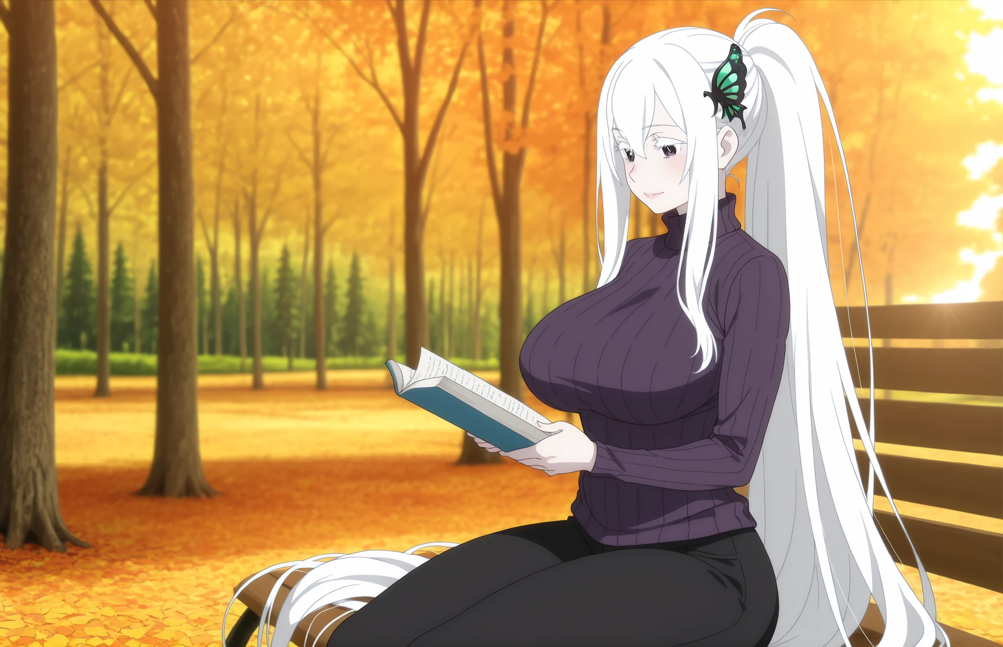 anime screencap, anime coloring, detailed face, masterpiece, best quality, very aesthetic, absurdres, volumetric lighting, echidna, 1girl, adult female, motherly, medium head, pale skin, absurdly long hair, ponytail , sidelocks ,white hair, butterfly hair ornament, open eyes, hair between eyes, bangs, white eyelashes, attractive face, strict attributes, ractical body shape, glamorous bodies, attractive bodies, fit bodies, motherly, lips, large Curvy, Slutty, Neat, big breast, big hips, thick thighs, Toned thighs, big thighs, full body, ((purple turtleneck sweater, black pants,)), both holding Bible book jesus cross, reading, looking at books, standing , sitting on a park, cowboy shot , autumn , scenery , forest , tree , day , photo background , sunset, blurry background,