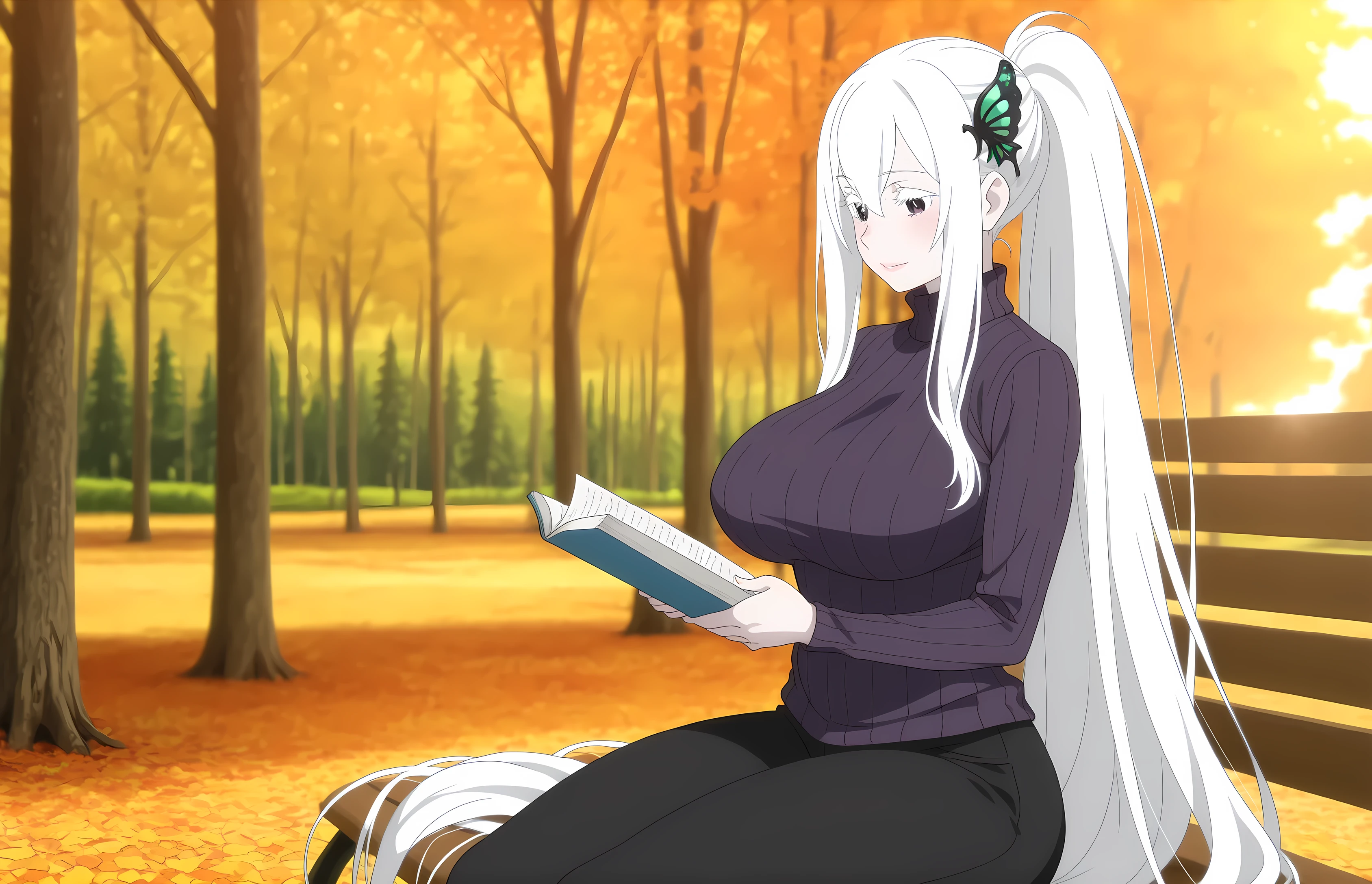 anime screencap, anime coloring, detailed face, masterpiece, best quality, very aesthetic, absurdres, volumetric lighting, echidna, 1girl, adult female, motherly, medium head, pale skin, absurdly long hair, ponytail , sidelocks ,white hair, butterfly hair ornament, open eyes, hair between eyes, bangs, white eyelashes, attractive face, strict attributes, ractical body shape, glamorous bodies, attractive bodies, fit bodies, motherly, lips, large Curvy, Slutty, Neat, big breast, big hips, thick thighs, Toned thighs, big thighs, full body, ((purple turtleneck sweater, black pants,)), both holding Bible book jesus cross, reading, looking at books, standing , sitting on a park, cowboy shot , autumn , scenery , forest , tree , day , photo background , sunset, blurry background,