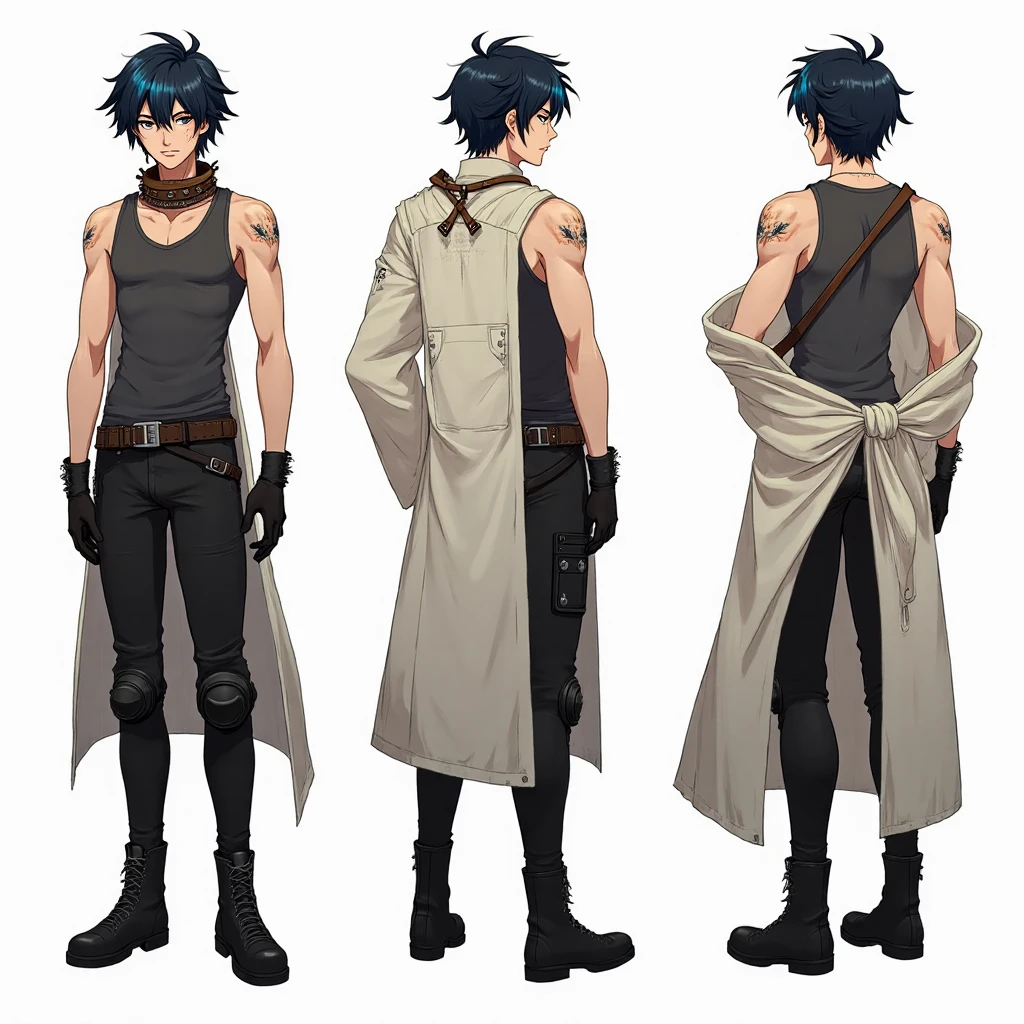 [ anime boy with white hair and black eyes wearing a white costume and red armor on hands and legs], [ white hair and black eyes wearing a white costume and red armor on hands and legs side view ], [ white hair and black eyes wearing a white costume and red armor on hands and legs back view ], blue belt, yellow belt, sci fi soldier uniform, cyberpunk helmet, (((anime character sheet))), ((golden eyes)), (character design, gravity rush inspired, kantai collection style, inspired by Akihiko Yoshida, gravity rush, from girls frontline, girls frontline style, fate grand order,  cyborg merchant girl, akihiko yoshida!, no more heroes concept art,