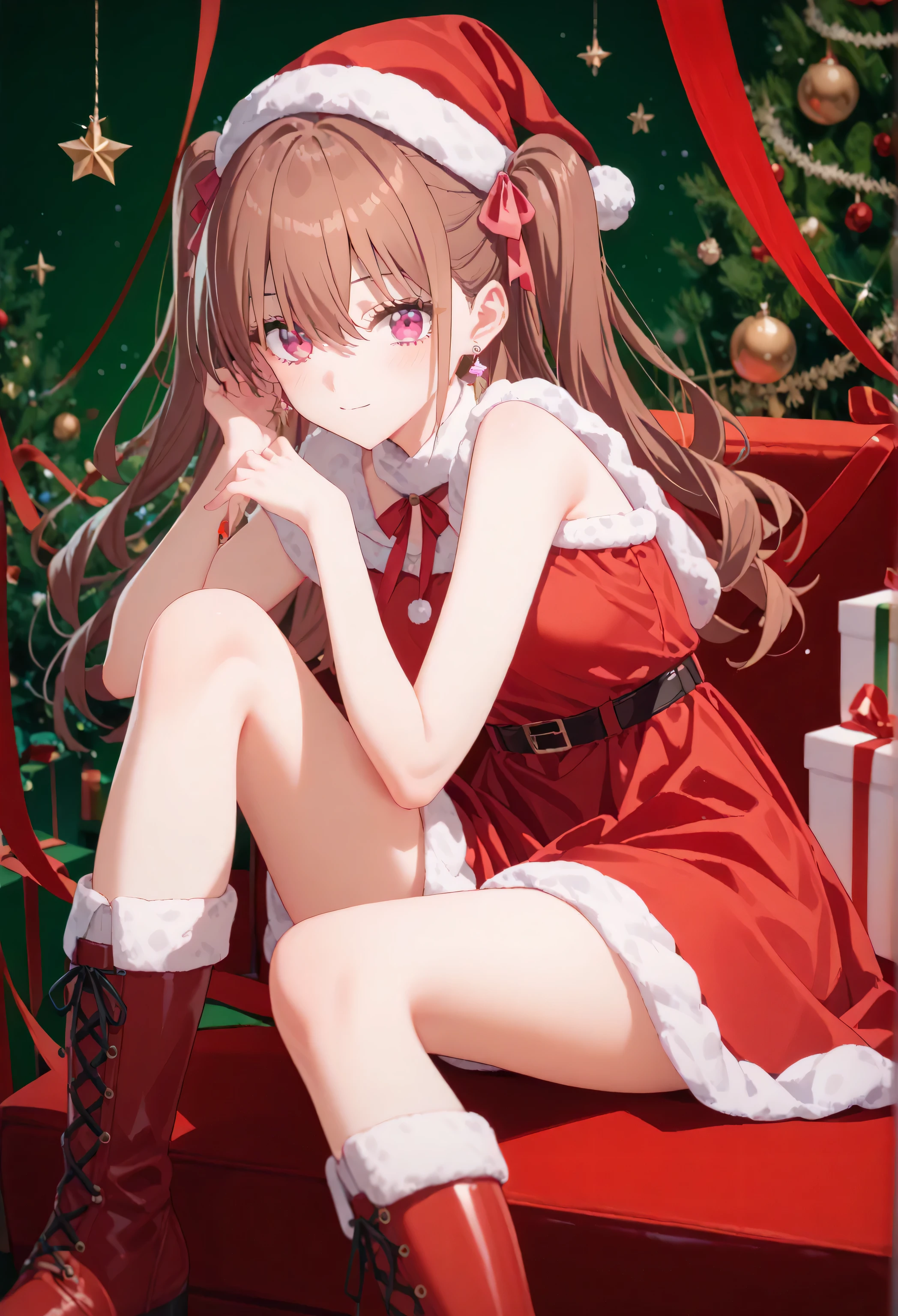 Christmas, 1girl, solo, red santa dress, santa hat,dress, looking at viewer, jewelry, red ribbon, bangs, earrings, boots, KJOmikari, brown hair, pink eyes, two side up, hair between eyes,