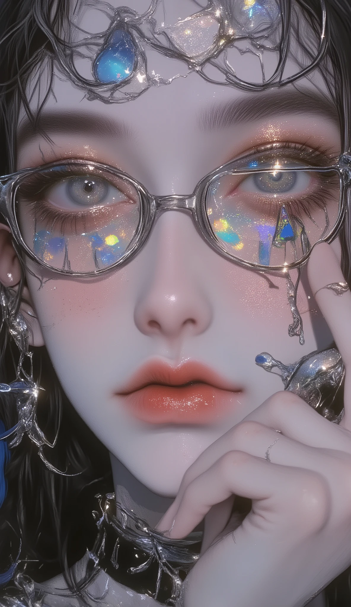 ((centered image, a close up of a beautiful woman with exaggerated features caricaturized in the kawaii style :1.52, thick, fleshy lips with kissable glitter , great with glitter and highlights ,  false eyelashes and long eyes  :1.5 , Beautiful face of a cyberpunk girl , great digital art with details, She wears glasses you can see the reflection in the glasses of the glasses :1.5)), arte digital. body masterpiece , Detailed woman, full lips in the style of Angelina Jolie , Long false eyelashes , eye makeup, blushed lips and cheeks , She wears earrings all over her ear like piercings and has a ring embedded in the ovum of her ear, a piercing on the lips and nose , , Brandon Woelfel, Of the tattooed face, tattoos and piercings, realistic digital art 4k, 4k realistic digital art, tattoo style, Art Cyberpunk style, Girl with glasses , claroscuro, Cinema lighting , Optical illusion , HD , U HD ,  retina, body body masterpiece, Precise, Anatomically correct , Textured skin, super detail , Tall details, High quality, awarded , falda de High quality, high resolution, 1080P, HD , 16K