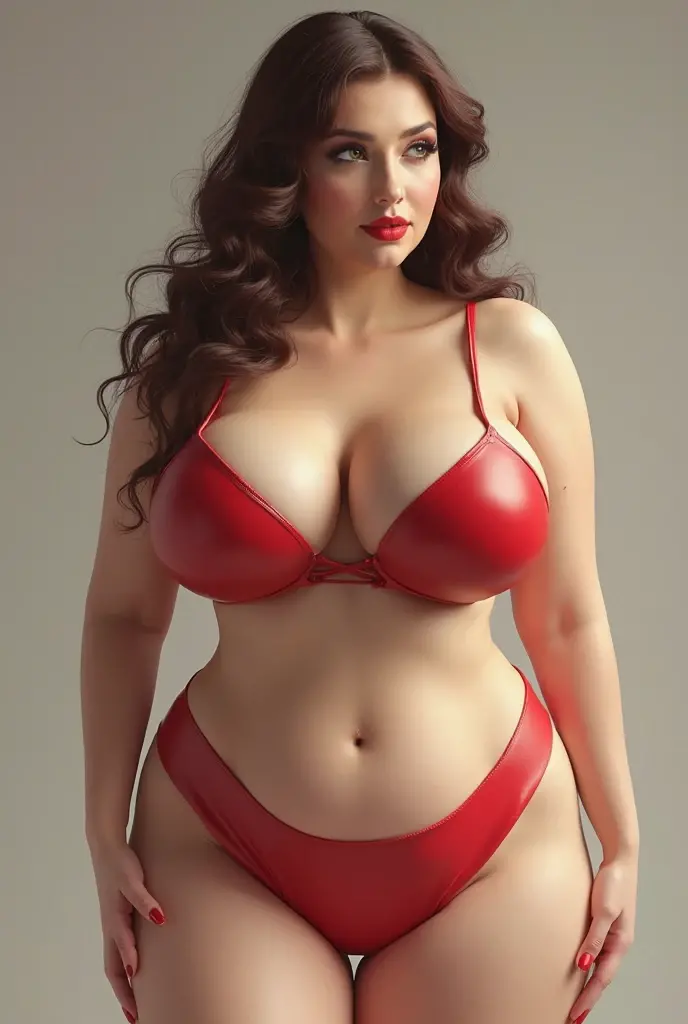 1girl, MILF,  adult woman with long brown waves, fiery red eyes, full lips painted thick and red, voluptuous figure with a slim waist, a pronounced belly and an enormous behind, wearing a small, almost transparent white coat that reveals a hint of curvaceous figure, one hand reaching out to open a door of an open house.