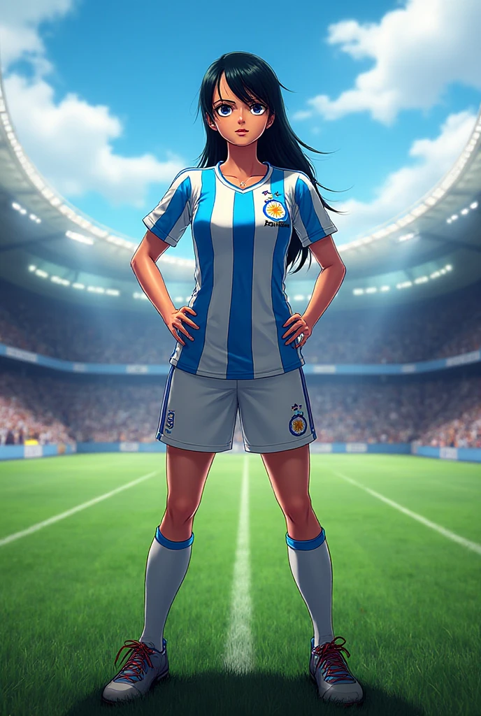 Black anime girl, black hair tied up, wearing blue and red and white soccer kit, wearing soccer boots, on the stadium, kicking ball, nike soccer kit, blue, long tied hair