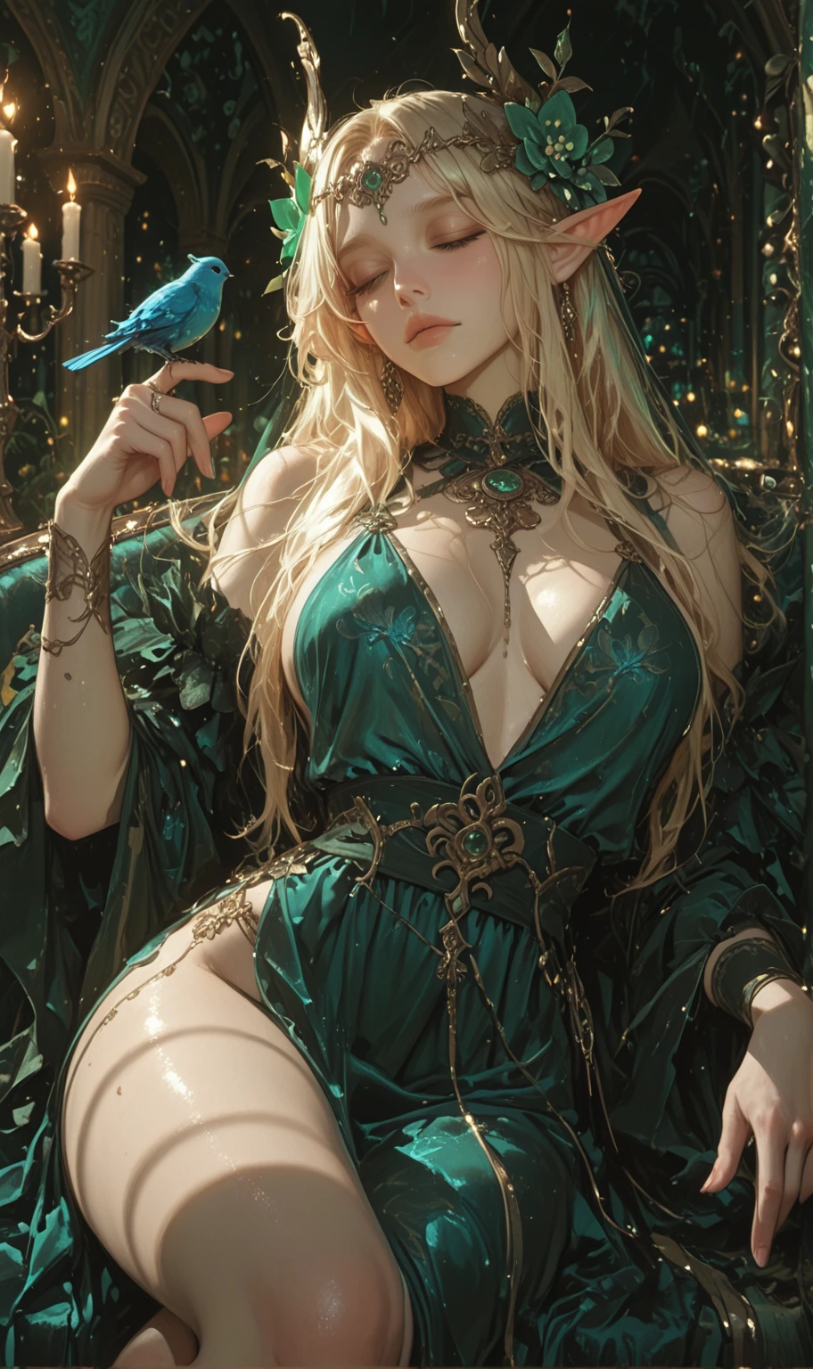 ArsMJStyle, ChiaroscuroFantasy, relic, The image is a digital illustration of a female fantasy character sitting on a throne. She is wearing a green dress with intricate details and a crown on her head. The dress has a high neckline and long sleeves and the skirt is flowing in the wind. The woman has long blonde hair that is styled in loose waves and cascades down her back. She has a serious expression on her face and is looking off to the side.
