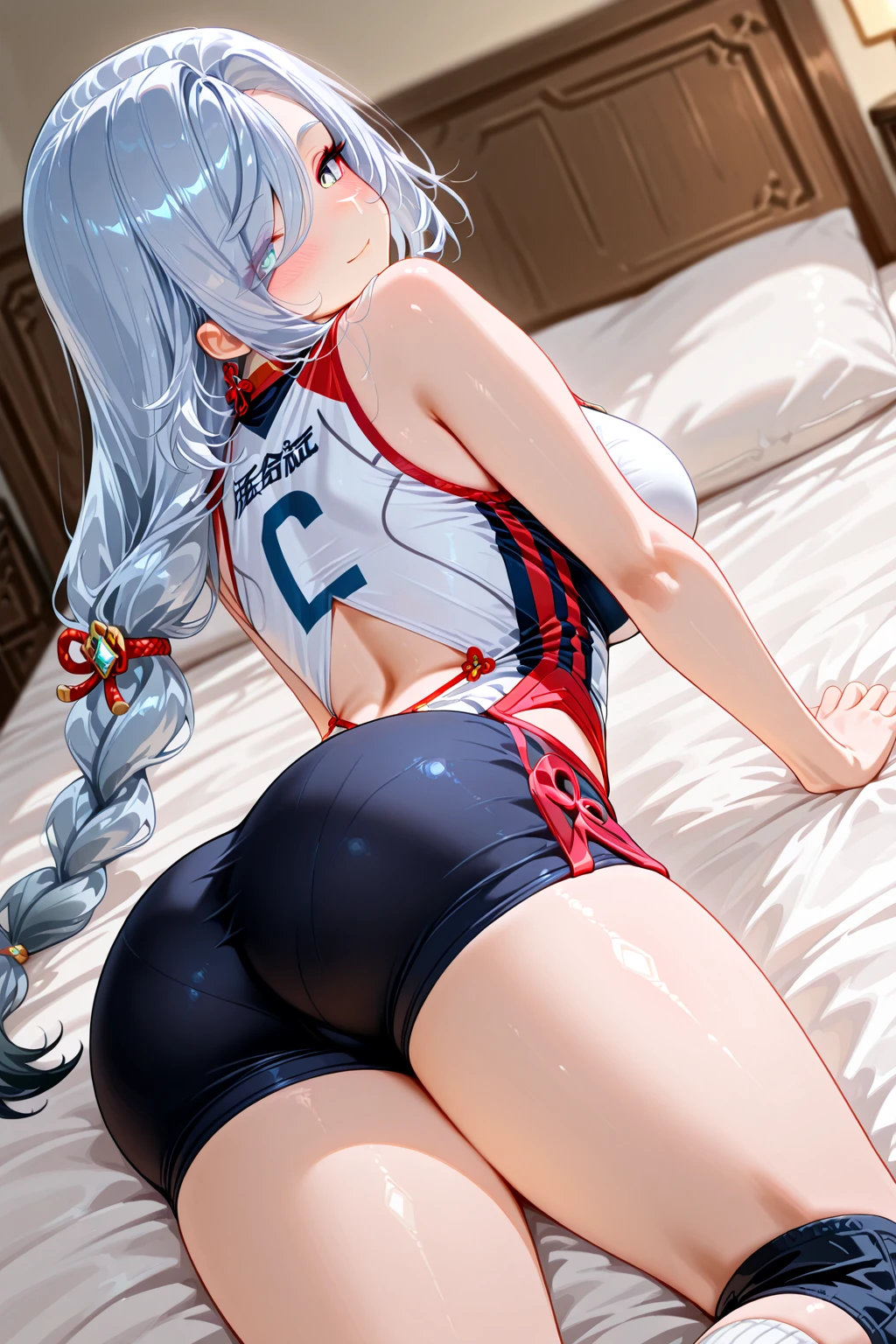 annasummer, 1 girl, T-shirt, punk bracelet, simple background, cycling shorts, squats with ?????????, 