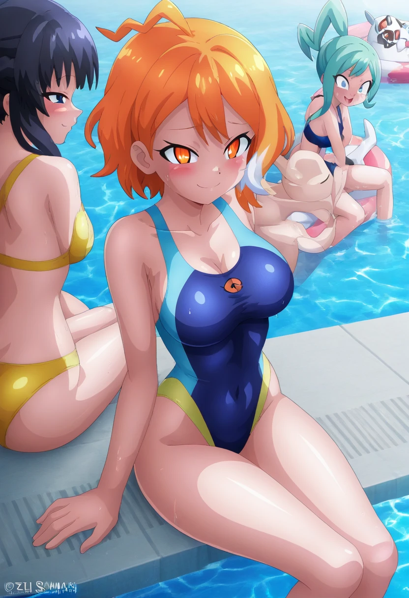 (masterpiece, best quality:1.3), 4 girl, large breasts, on marvelous beach, sun, completely , fully , , , female idol girls, playing, hair styles, colored hair, colored eyes, smile, open mouth, pretentious face, standing, sweat, wet, pov from above