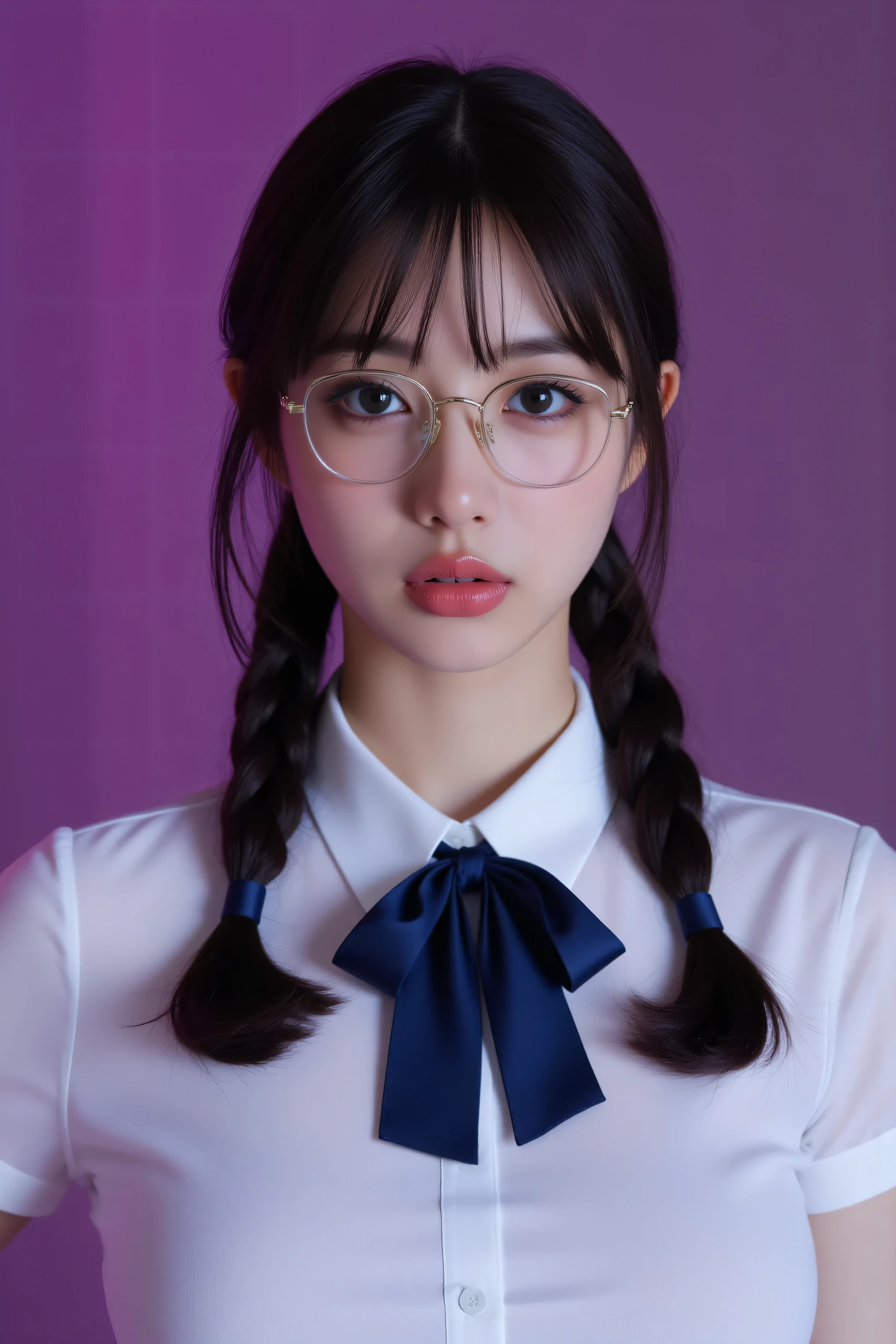 ( best masterpiece、 top quality、 winning works )、(1 high school girl:1.1)、(twin tail hair with long braids in a low position:1.8)、(big breasts:1.2)、(plain glasses with thick edges:1.4)、(accentuates body line:1.2)、(polyester white collared shirt :1.5)、(A large navy butterfly bow perfect for the neck:1.4)、(Bust up photo:1.3)、perfect portrait photo、  Bright,  beautiful skin from above  、standing gracefully、( purple and pink obscene luxury bedroom background  :1.3)、( purple and pink moody lamp lighting  :1.3)、(tyndall effect:1.2)、(very moody and romantic:1.2)、big boobs、very white skin、tyndall effect、makeup、perfect and beautiful face in light fog、clearly depict the details of a beautiful face、(Looking up at me :1.5)、(Looking up with a sad expression:1.5)