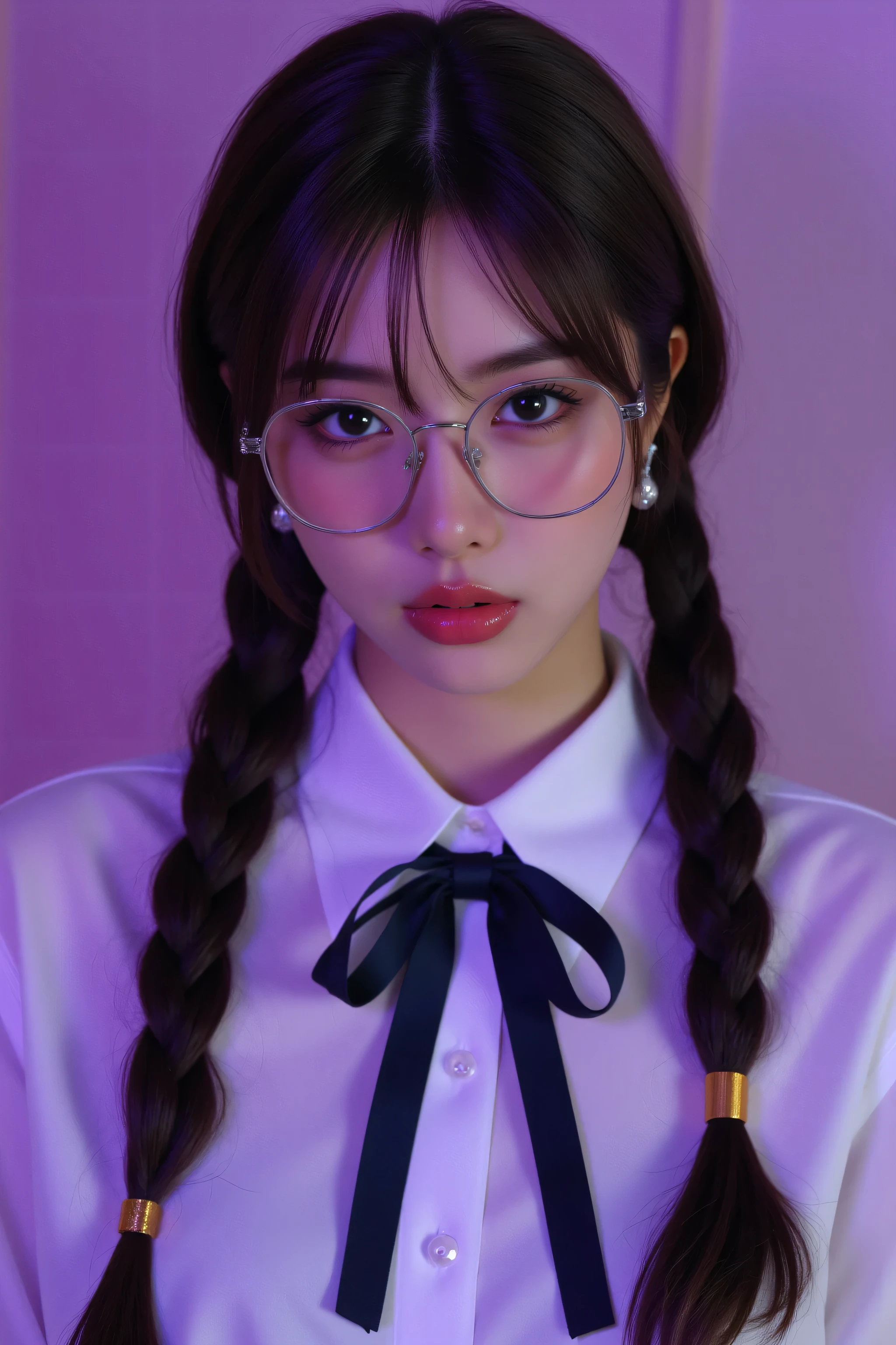 ( best masterpiece、 top quality、 winning works )、(1 high school girl:1.1)、(twin tail hair with long braids in a low position:1.8)、(big breasts:1.2)、(plain glasses with thick edges:1.4)、(accentuates body line:1.2)、(polyester white collared shirt :1.5)、(A large navy butterfly bow perfect for the neck:1.4)、(Bust up photo:1.3)、perfect portrait photo、 Bright, beautiful skin from above 、standing gracefully、( purple and pink obscene luxury bedroom background :1.3)、( purple and pink moody lamp lighting :1.3)、(tyndall effect:1.2)、(very moody and romantic:1.2)、big boobs、very white skin、tyndall effect、makeup、perfect and beautiful face in light fog、clearly depict the details of a beautiful face、(Looking up at me :1.5)、(Looking up with a sad expression:1.5)