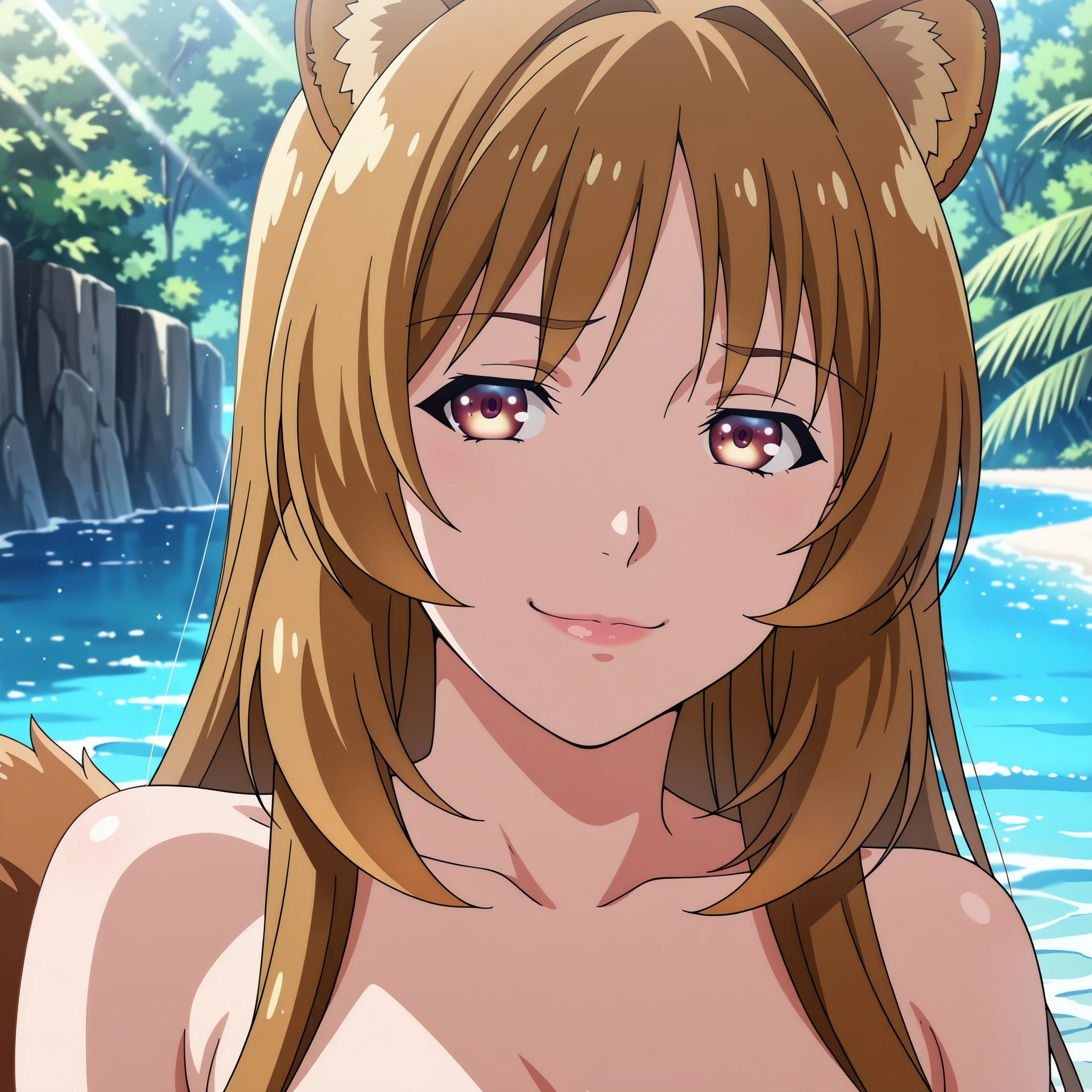 Full-body composition.
Two Raphtalias on a tropical shoreline at midday.
The first Raphtalia has soft orange hair, fluffy raccoon ears, a long plush tail, pink round eyes, fair luminous skin, and a slender figure with prominent curves. She walks calmly by the water’s edge, her expression kind and innocent.

Next to her is her darker counterpart—a villainous Raphtalia with short angled hair, intense yellow eyes, sharp eyeliner, a mischievous smug smile, and painted lips. Her stance is dominant and confident, mirroring the same body shape but with a more seductive presence. Both stand in vivid sunlight, with high-detail anime shading, realistic reflective skin, dynamic highlights, and vibrant color depth. Ultra-detailed, masterpiece-quality, 4K resolution.
