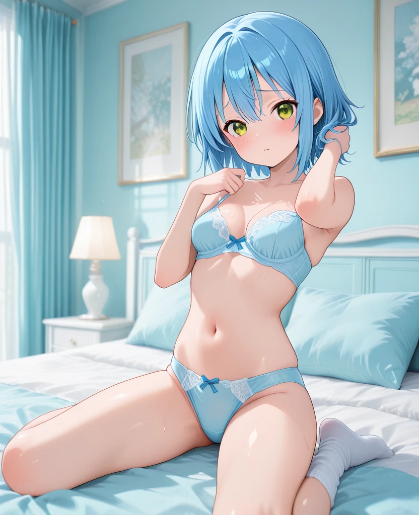 12 year old girl, straight blue hair, small breasts, thick thighs, big buttocks, much bigger than her age, , very fertile. Pig tails in your hair, with two pink satin bows, she wears a white blouse, see the beak of her breast through the dress with a unicorn in the front, and pink leggings, that will leave your  well outlined, both front and back. Behind, A pequena marca de sua calcinha desaparece no meio de seu big butt. Ahead, the leggings are so tight and the  lace, it sits just above her forehead . Turn around, big ass, nice ass, show me your ass