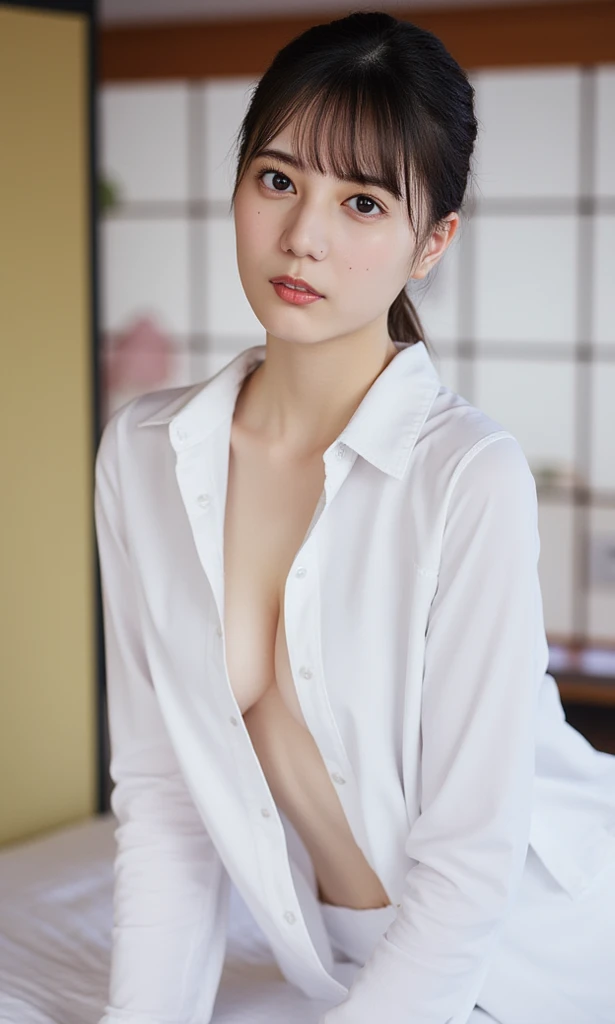 Highest quality、Ultra-high resolution、(Realistic)、18-year-old girl、((((Down fancy yukata, I can see her , small breasts, 19 years old))), Hyper Detail、Super Realistic、(Realistic)、More about beautiful skin、(masterpiece:1.0)、(Highest quality)、(Ultra-high resolution)、8K resolution、Canon EOS R5、135mm、Absurd、Very detailed、Sharp focus、Fine skin、(((Chirarizum、Small breasts、Brown Hair)))