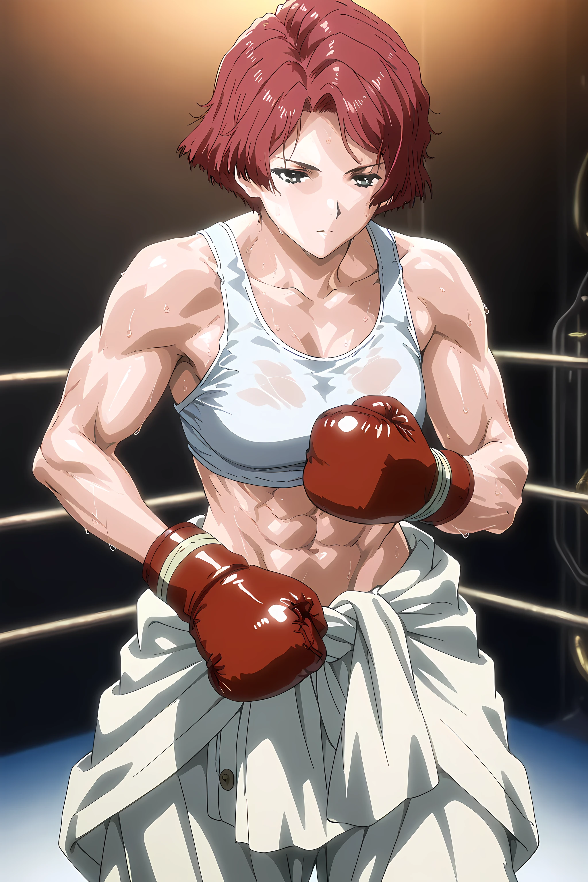 1girl, solo, young mature, yukinakabaneri, green eyes, short hair, red hair, slender, muscle, boxing gloves, white tank top, clothes around waist, white pants, breasts, midriff, abs, sweating