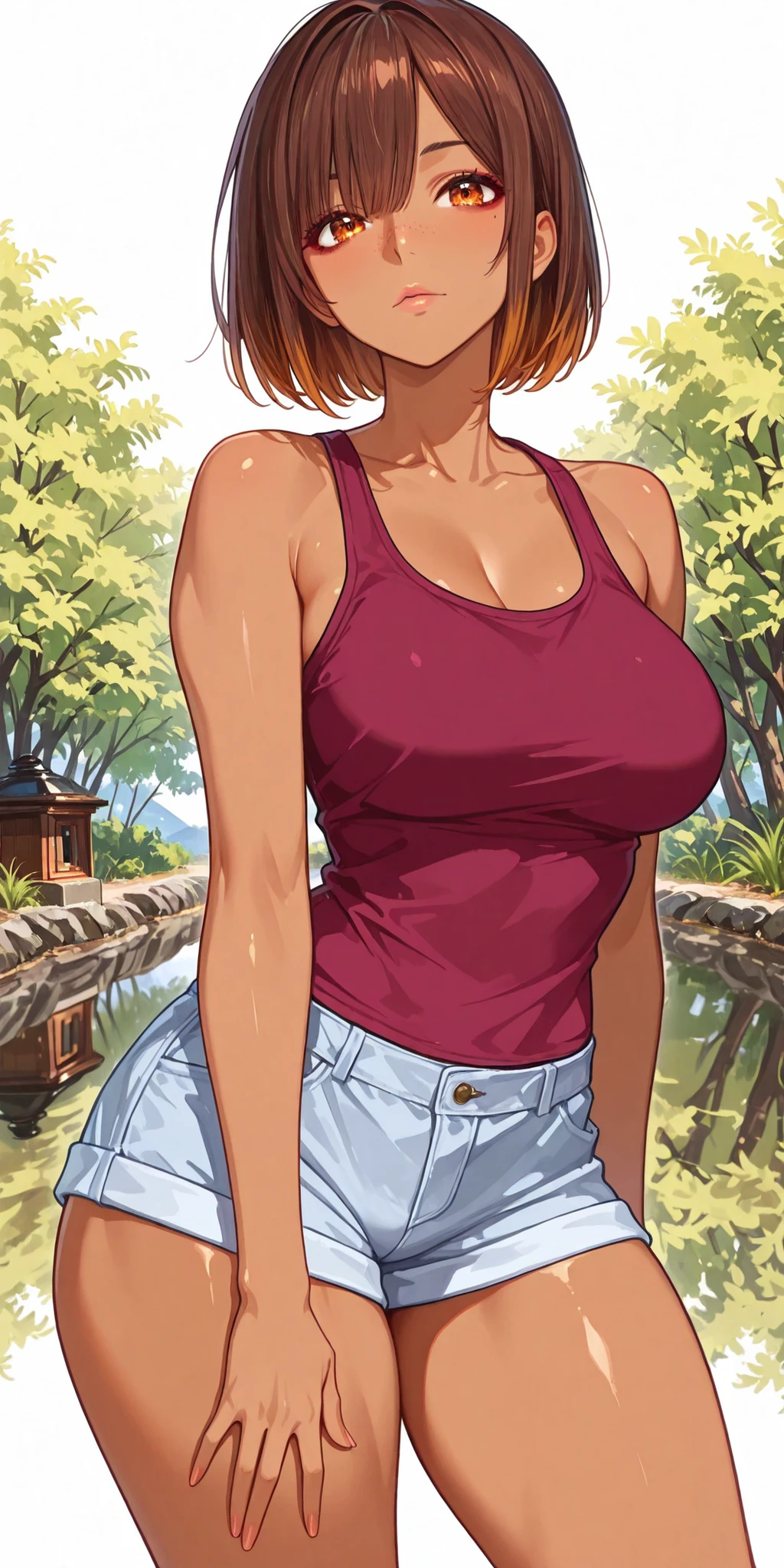 1girl,
score_9, absurdres,
from_front, (portrait:1.5),
well_proportioned, voluptuous, wide_shoulders, thick_thighs, (dark_skin:0.8),
tanktop, cargo_shorts,
amber_eyes, (eye_bags:1.0), (bags_under_eyes:0.8), double_eyelids,
brown_hair,
squared_face, (cheekbone:1.3), bridged_nose, light_makeup,
standing, contrapposto,
riverside_levee_road, straight_asphalt, grassy_embankment, reflective_river, ambient_light