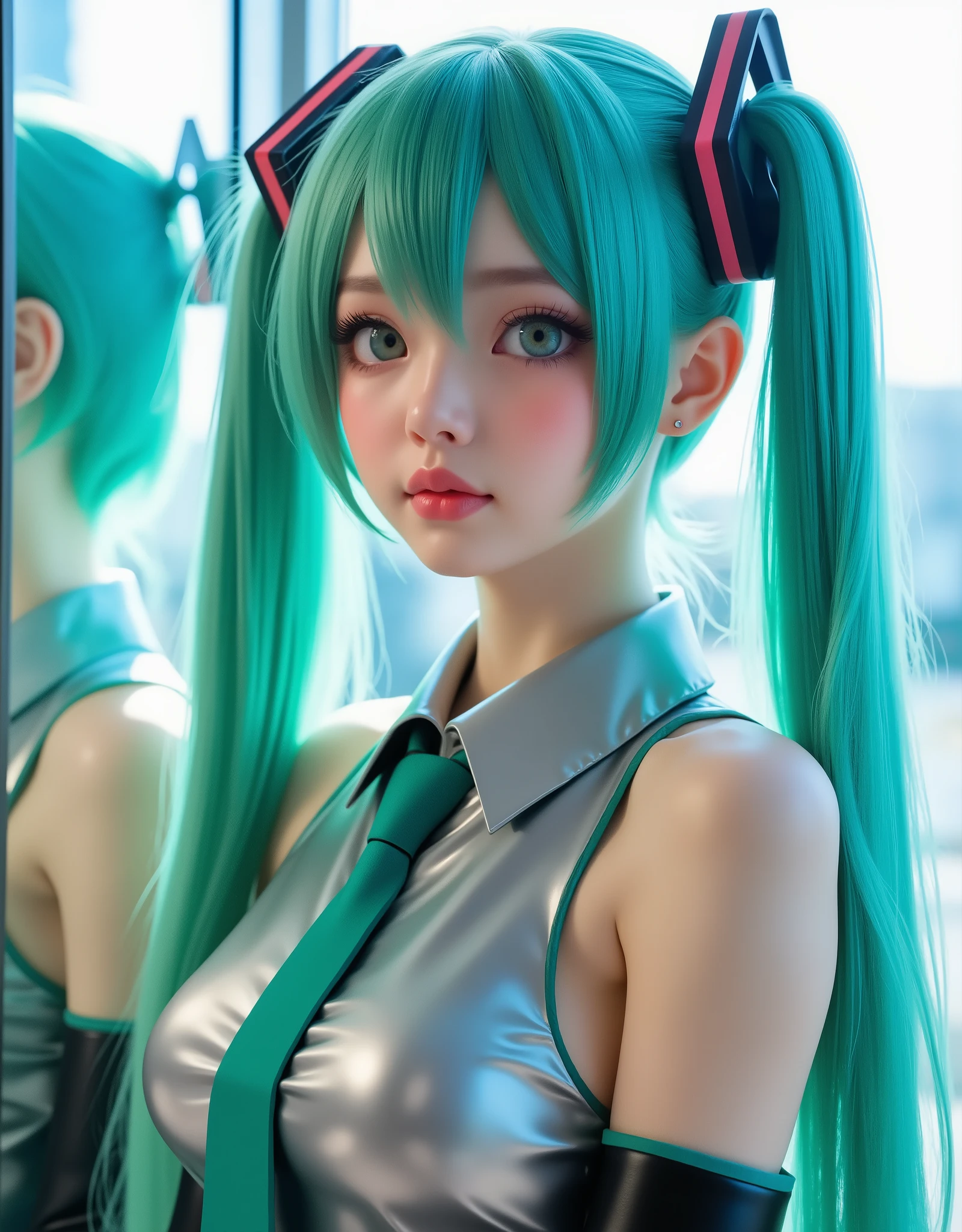 Hyperrealistic Close Up by Hatsune Miku, With turquoise hair, with long twin pigtails, her face is beautiful with large expressive turquoise eyes, her fair skin like porcelain shows a subtle blush on her cheeks and a touch of pink on her lips, Your figure is stylized, she is wearing a sleeveless silver school shirt that leaves her shoulders bare, she wears an emerald green tie and black bell sleeves, the cinematographic lighting is soft with dynamic contrasts of light and shade, the background is a surreal landscape with iridescent effects emphasizing her appearance Tante