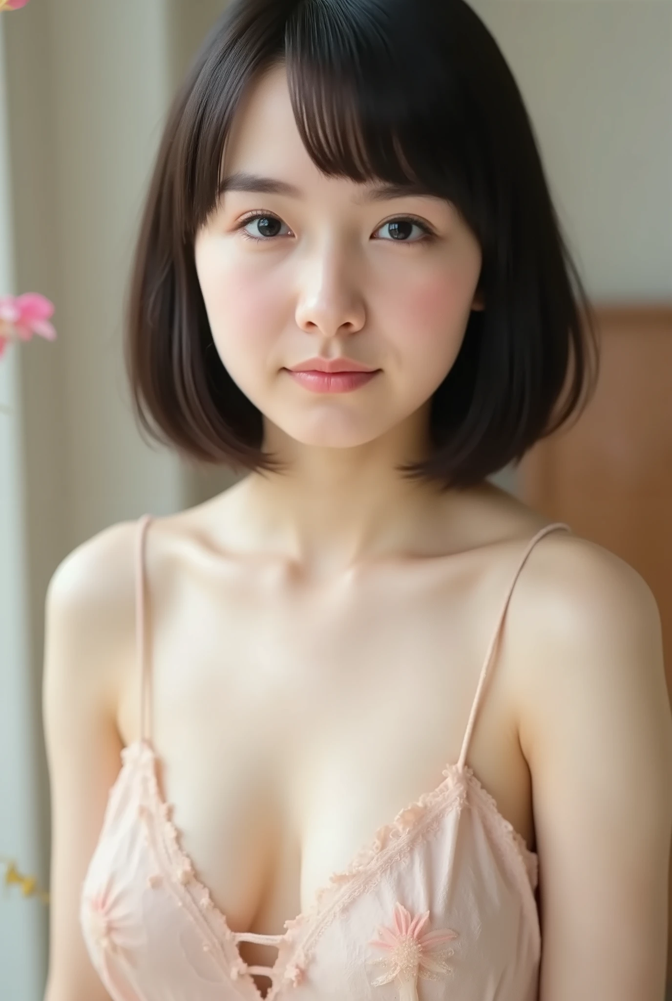 (( Premium Quality,  8k )), ((masterpiece)), ( details),    、dark hair,  Japanese girls,   first-person view   ,One Woman, a plump woman, petite woman ,   sexy,(  full nude, in the bedroom),(((    Super Giant Bust ,    full nude,  beautiful breasts,  short bob hair , dark hair))),  ((dark hair, full nude)) , (( No decoration,  no accessories,       without makeup  ))