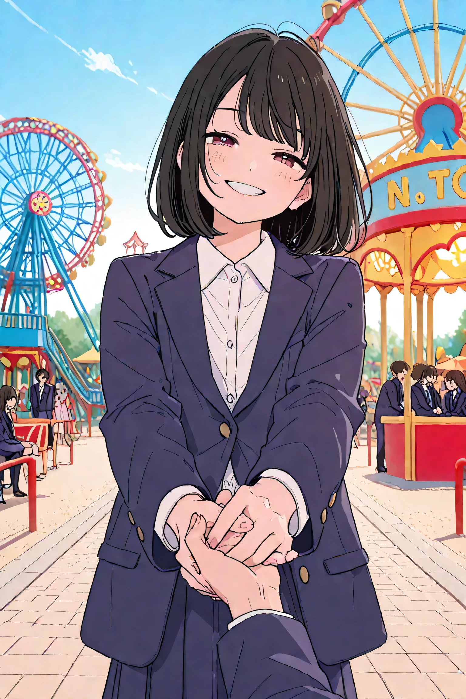 girl wearing blazer、next to each other holding hands、Grin、Amusement Park、high image quality、High Resolution、4K