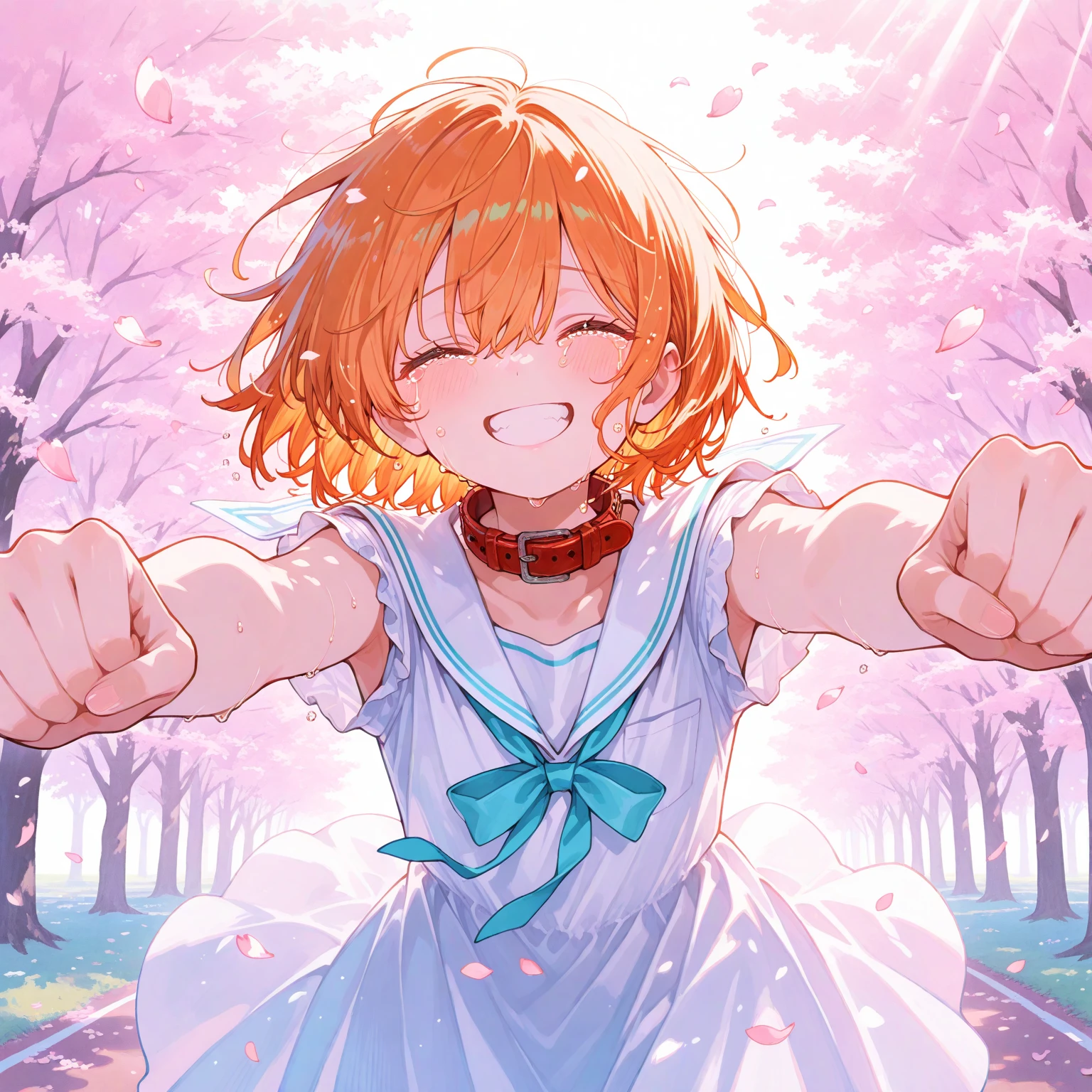 1girl in, Yuigahama Yui, , Short hair, Pink hair, large , 
(Best Quality, hight resolution, 4K, Detailed Lighting, 
(Light blue T-shirt, Check skirt), under ,
Smile, blush, Open mouth, 
school  background, Balloon background, 
at noon,
from below,