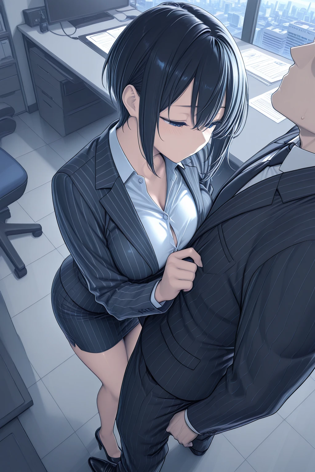 1boy, 1girl ((Boy  girl)), , from side , Girl in a short skirt, ((The skirt is pulled up)), sits down on the table, foot lock  (1boy), brown hair